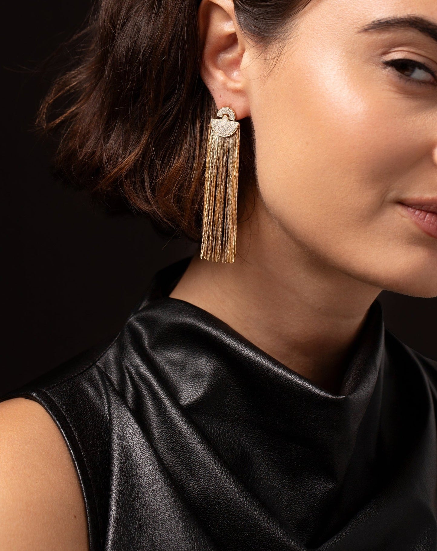 Model wearing the Art Deco Waterfall Earrings in her ear