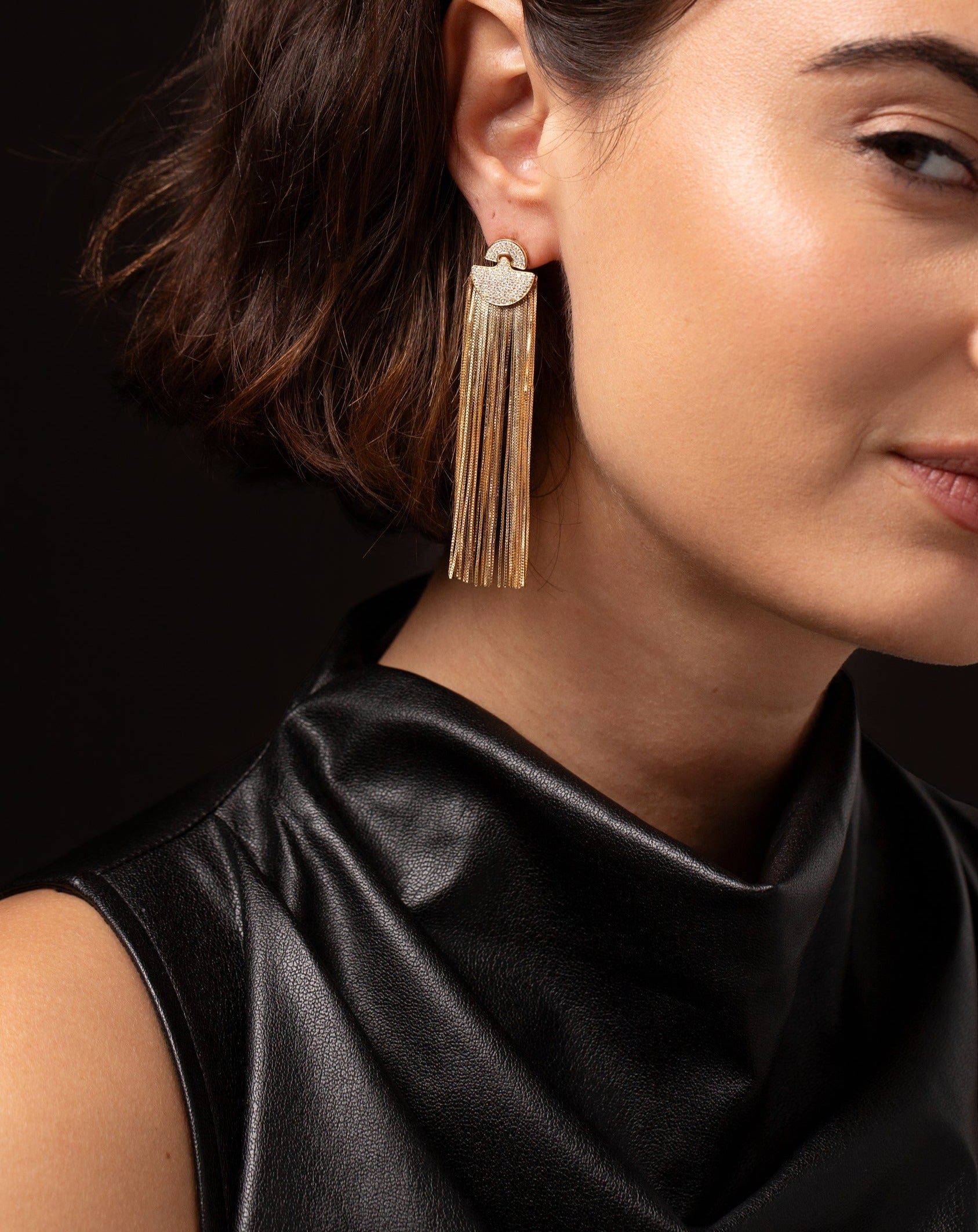 Model wearing the Art Deco Waterfall Earrings in her ear