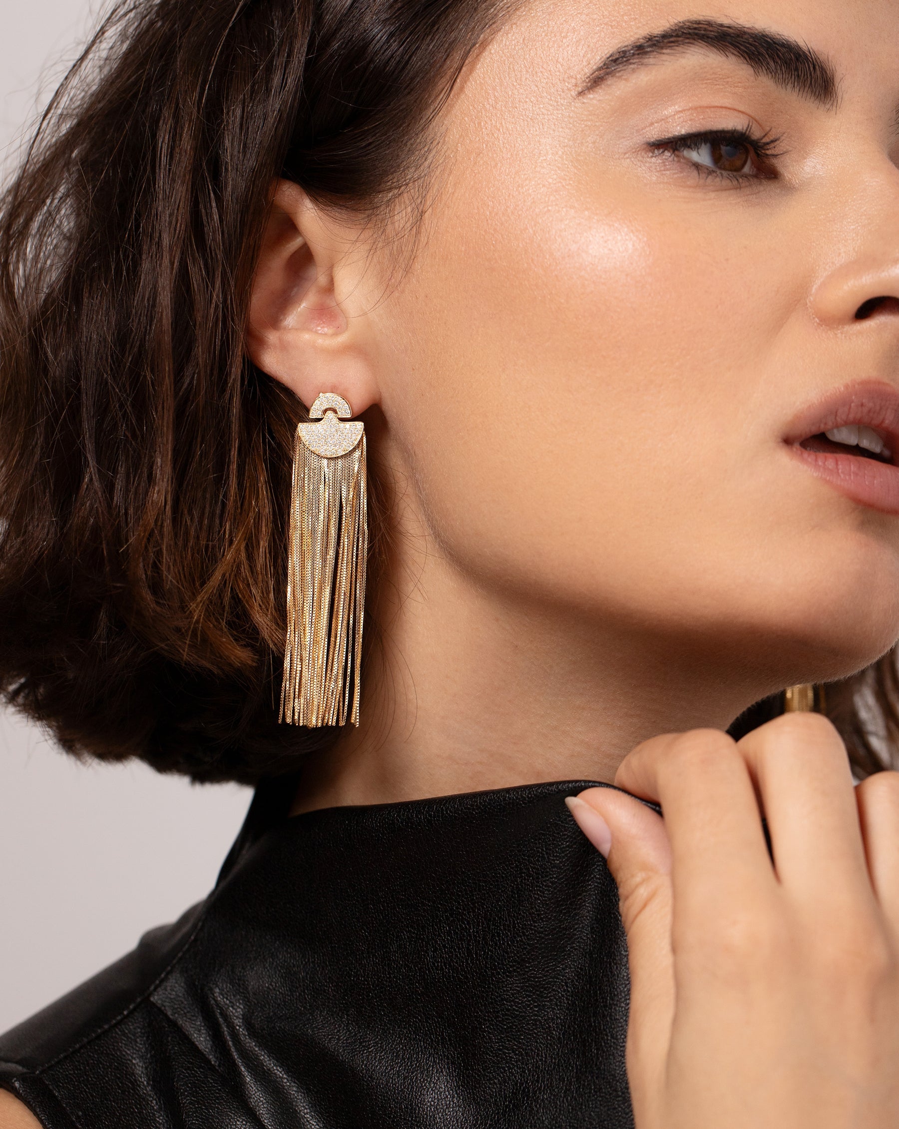 Art Deco Waterfall Earrings modeled on ear 