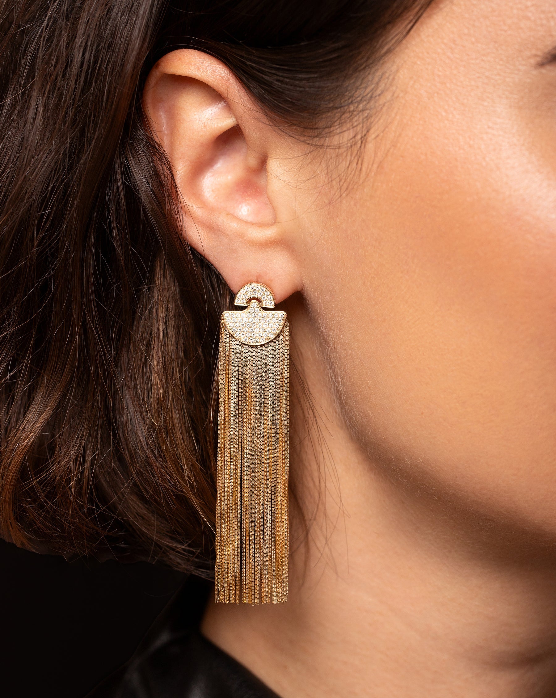Close up image of the Art Deco Waterfall Earrings shown on ear of model