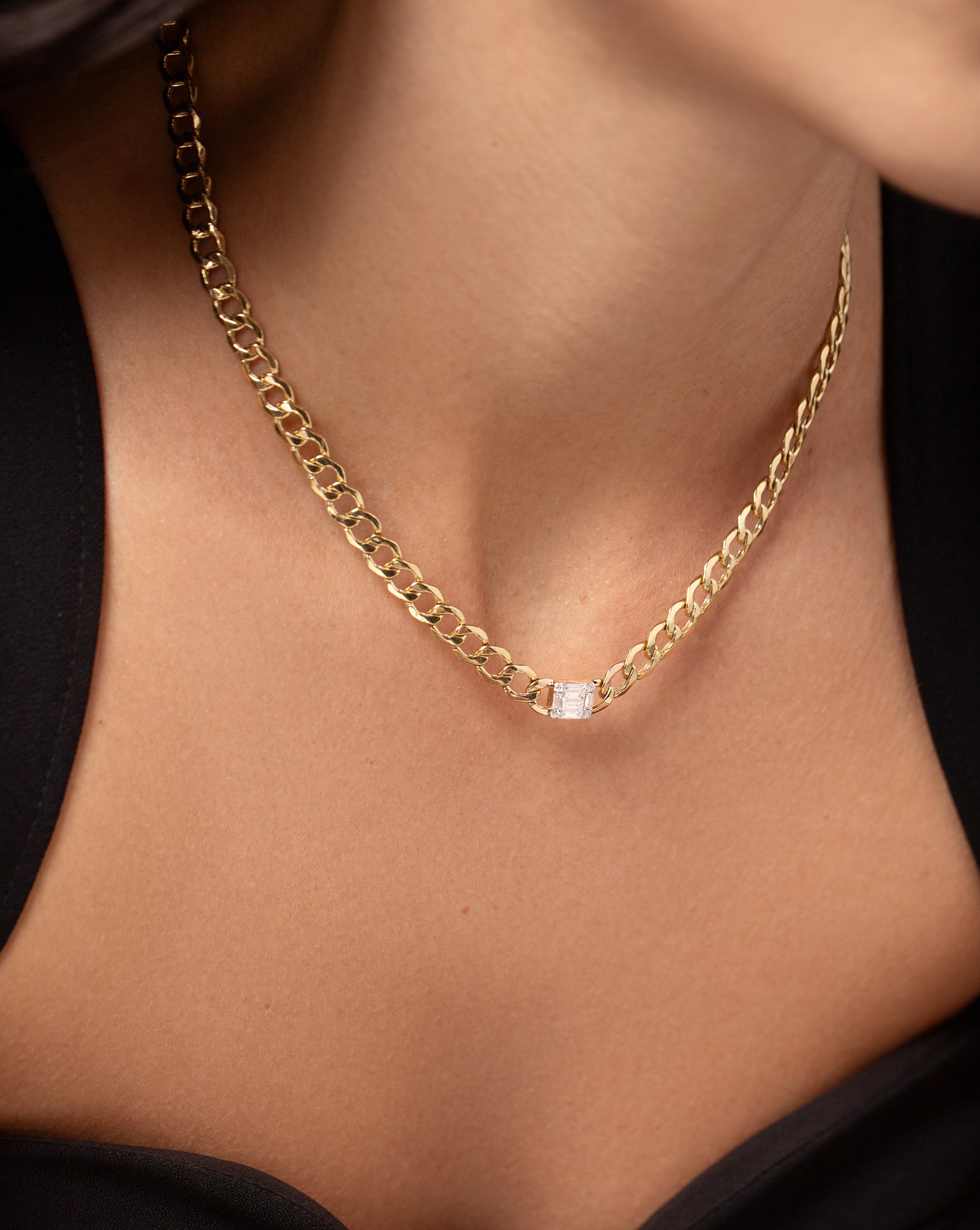 Ring Concierge Necklaces 14k Yellow Gold Emerald Diamond Illusion Curb Chain Necklace shown on model 