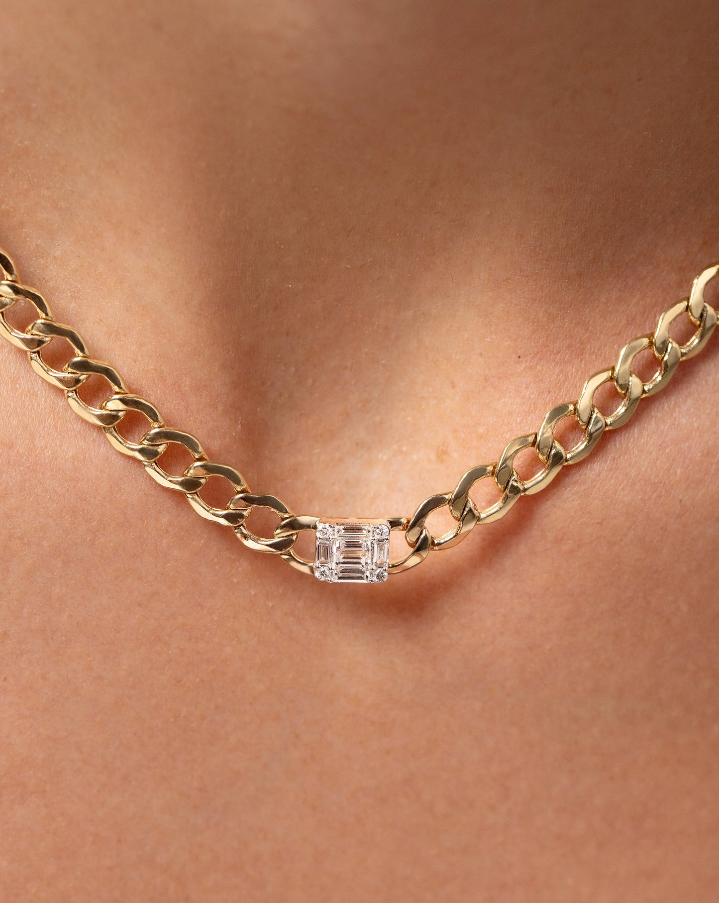 Ring Concierge Necklaces 14k Yellow Gold Emerald Diamond Illusion Curb Chain Necklace shown on model