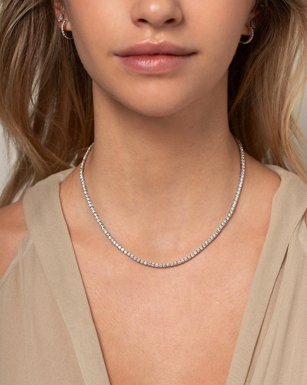 Classic Diamond Tennis Necklace worn around neck of model