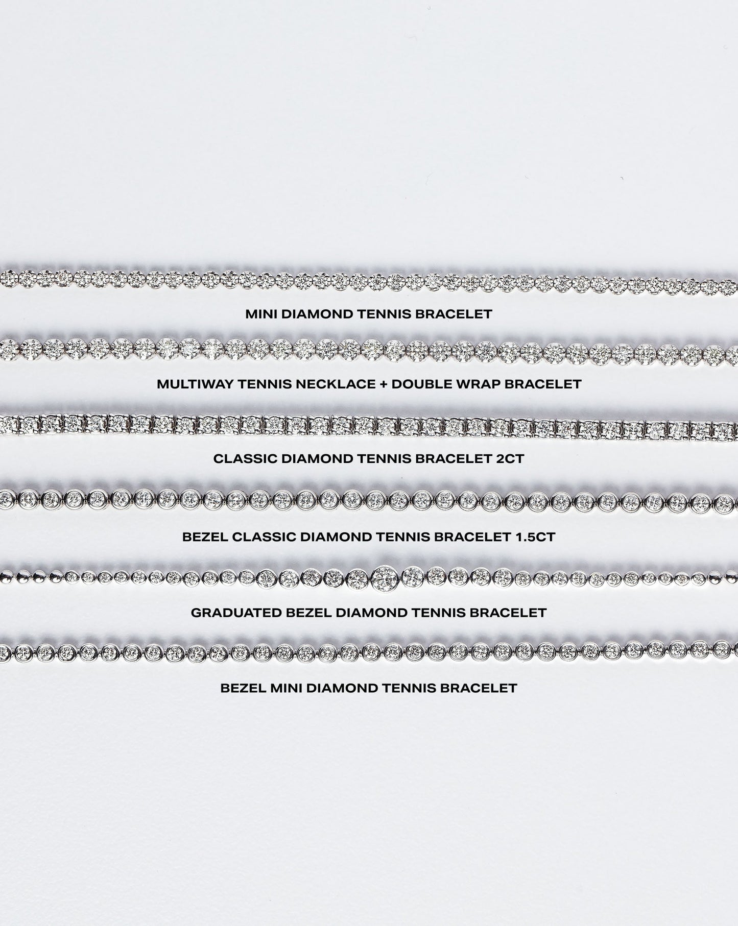 Flat lay comparison of 6 RC Tennis Bracelets