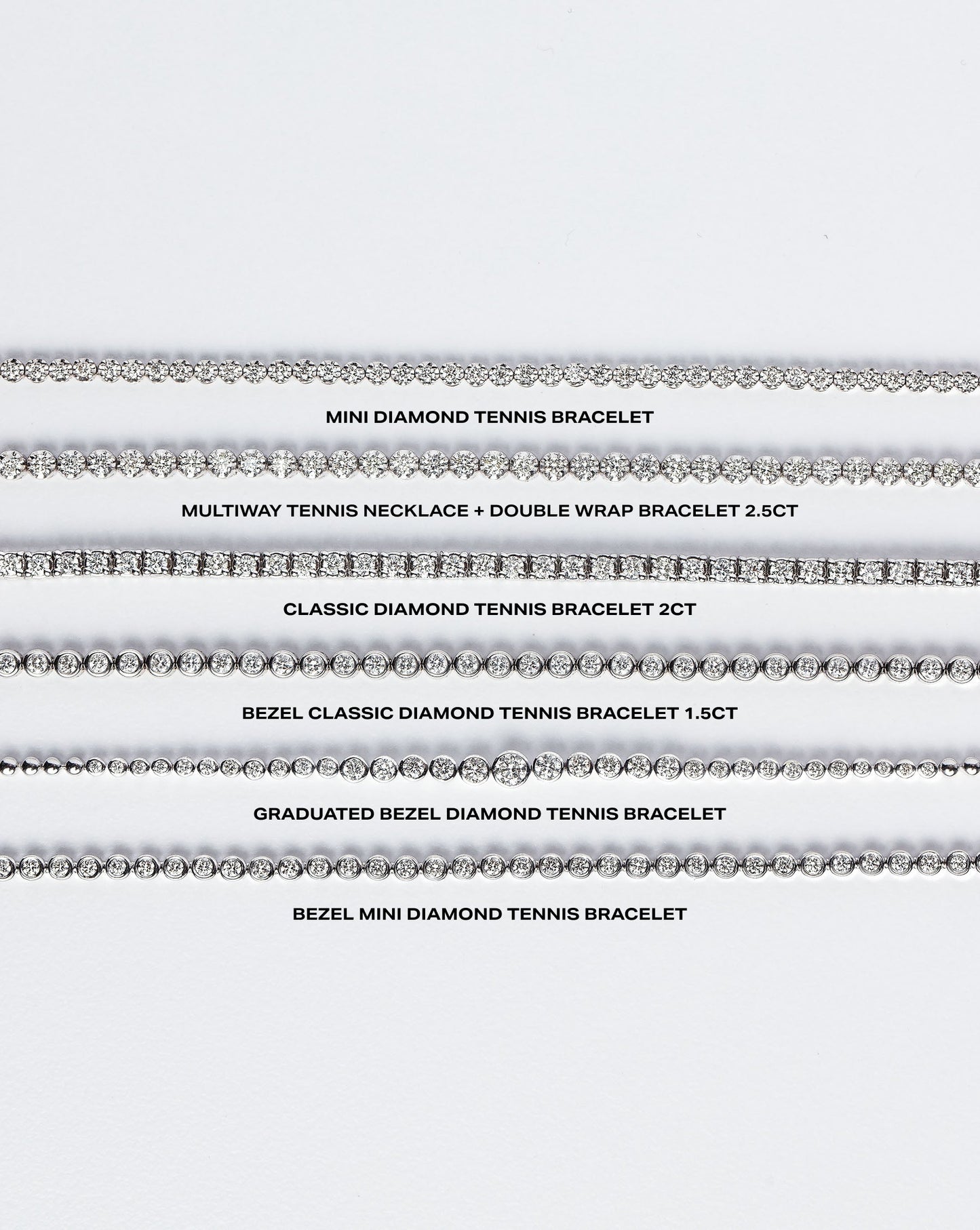 Flat lay comparison of 6 RC Tennis Bracelets global