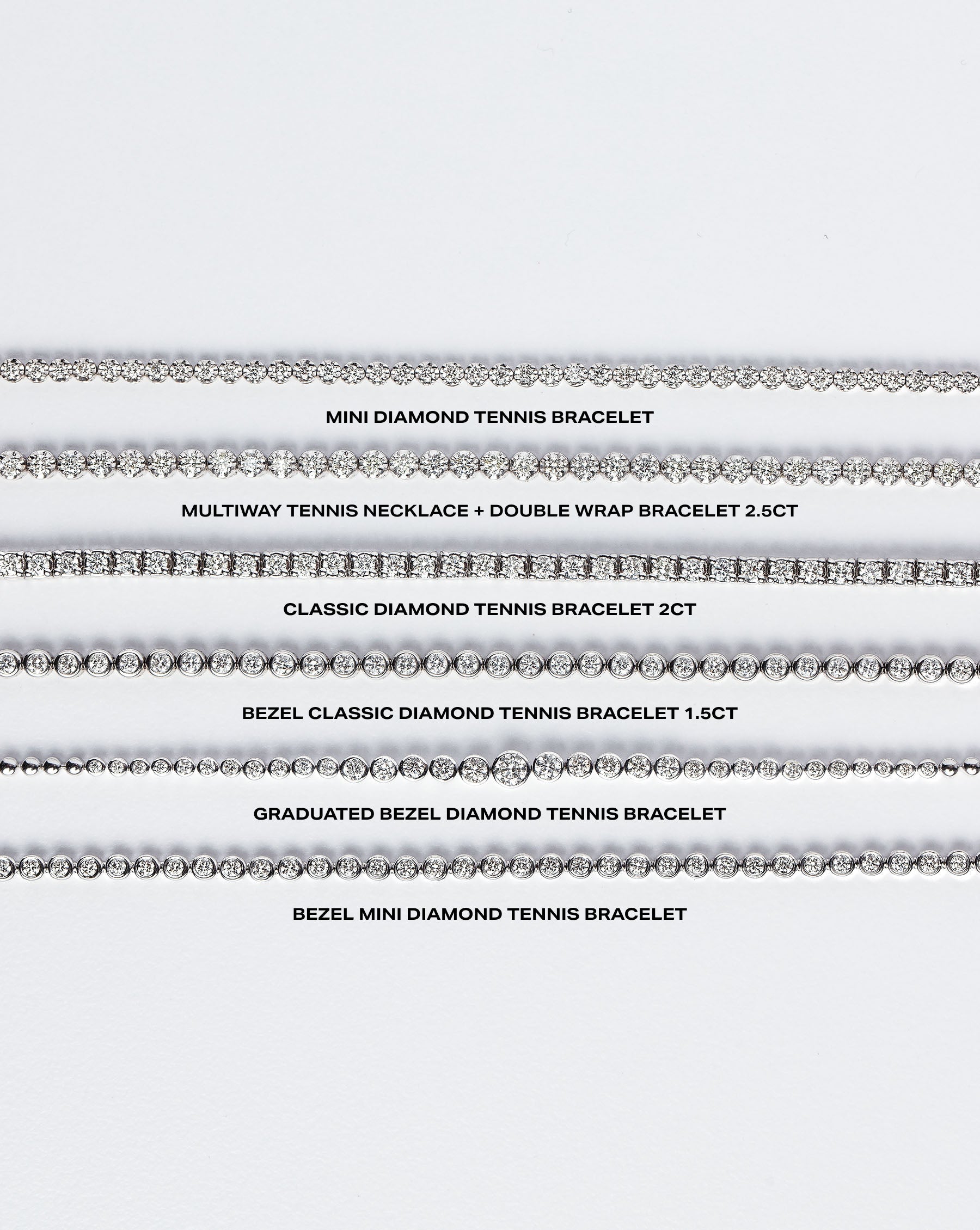 Flat lay comparison of 6 RC Tennis Bracelets global