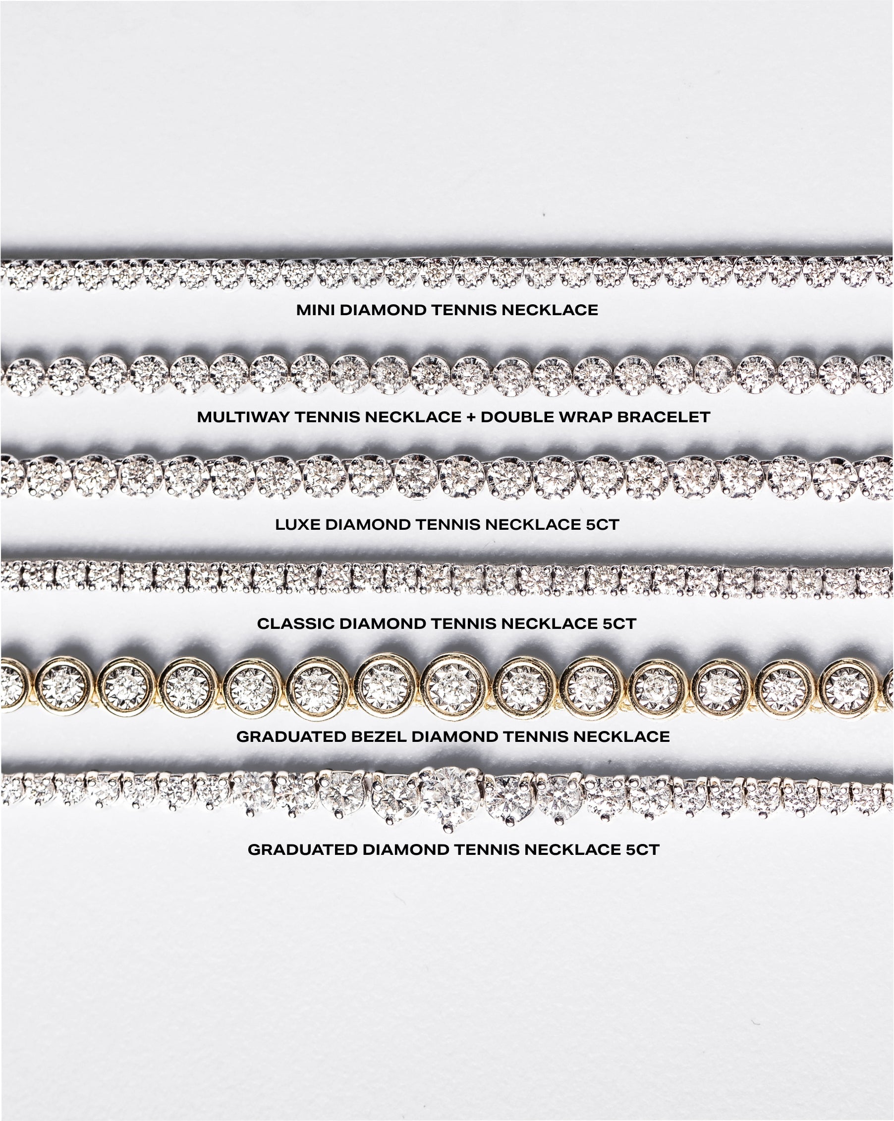 Flat lay comparison of 6 RC Tennis Necklaces