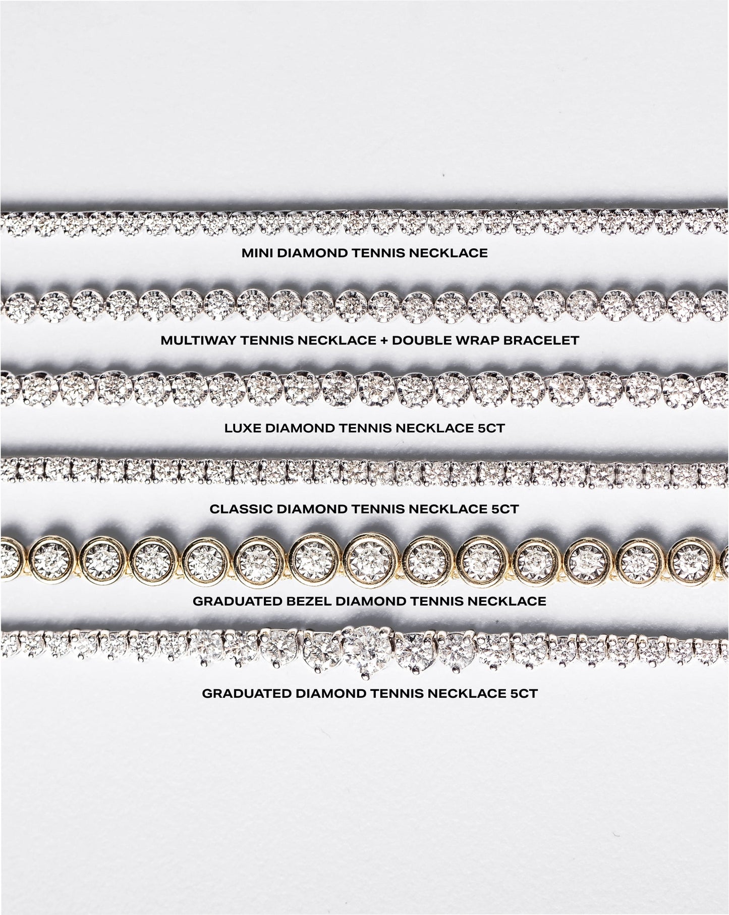 Flat lay comparison of 6 RC Tennis Necklaces