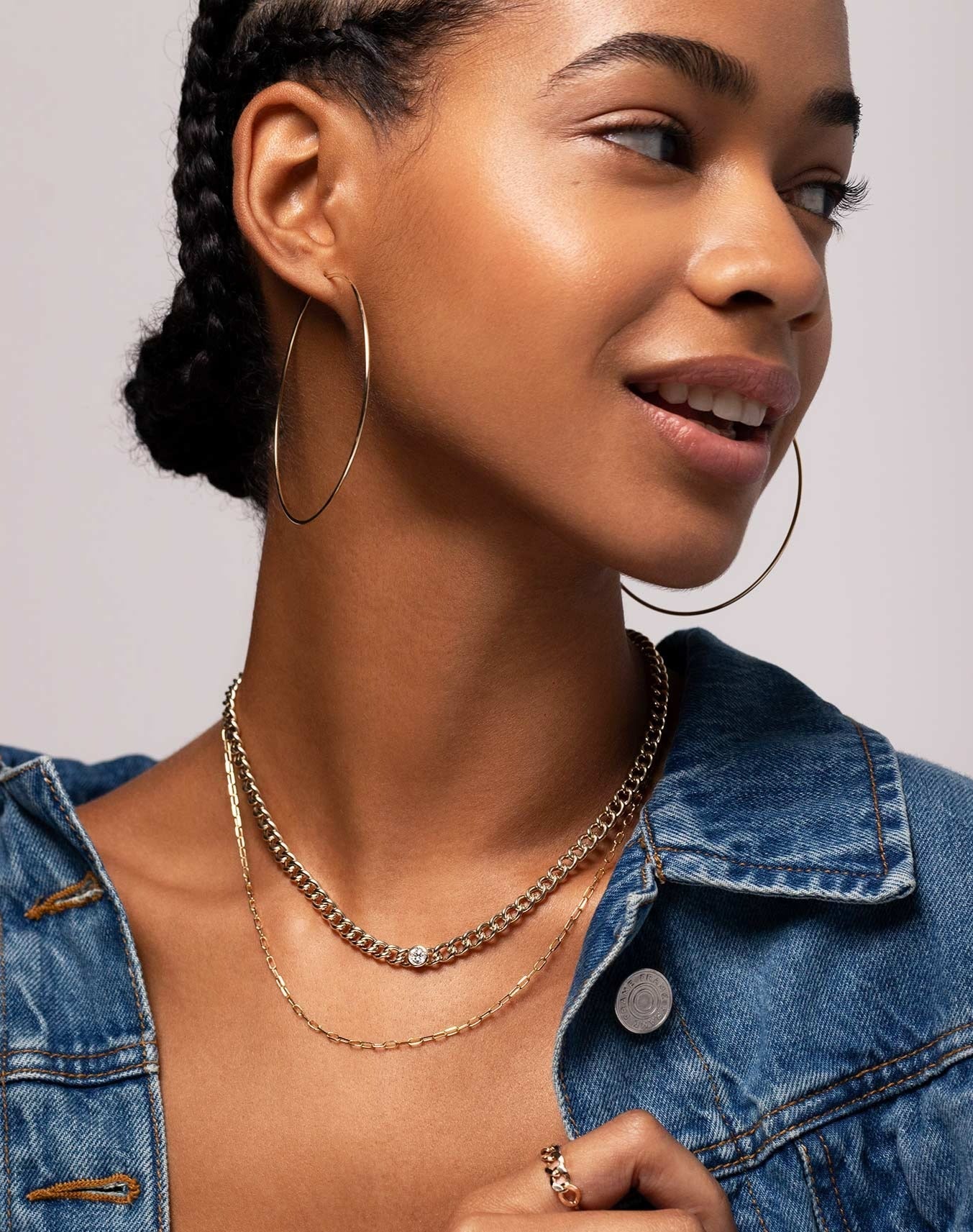 Bezel-Set Diamond Curb Chain Necklace, Mini link chain necklace, 1 mm gold tube hoops on model wearing denim jacket