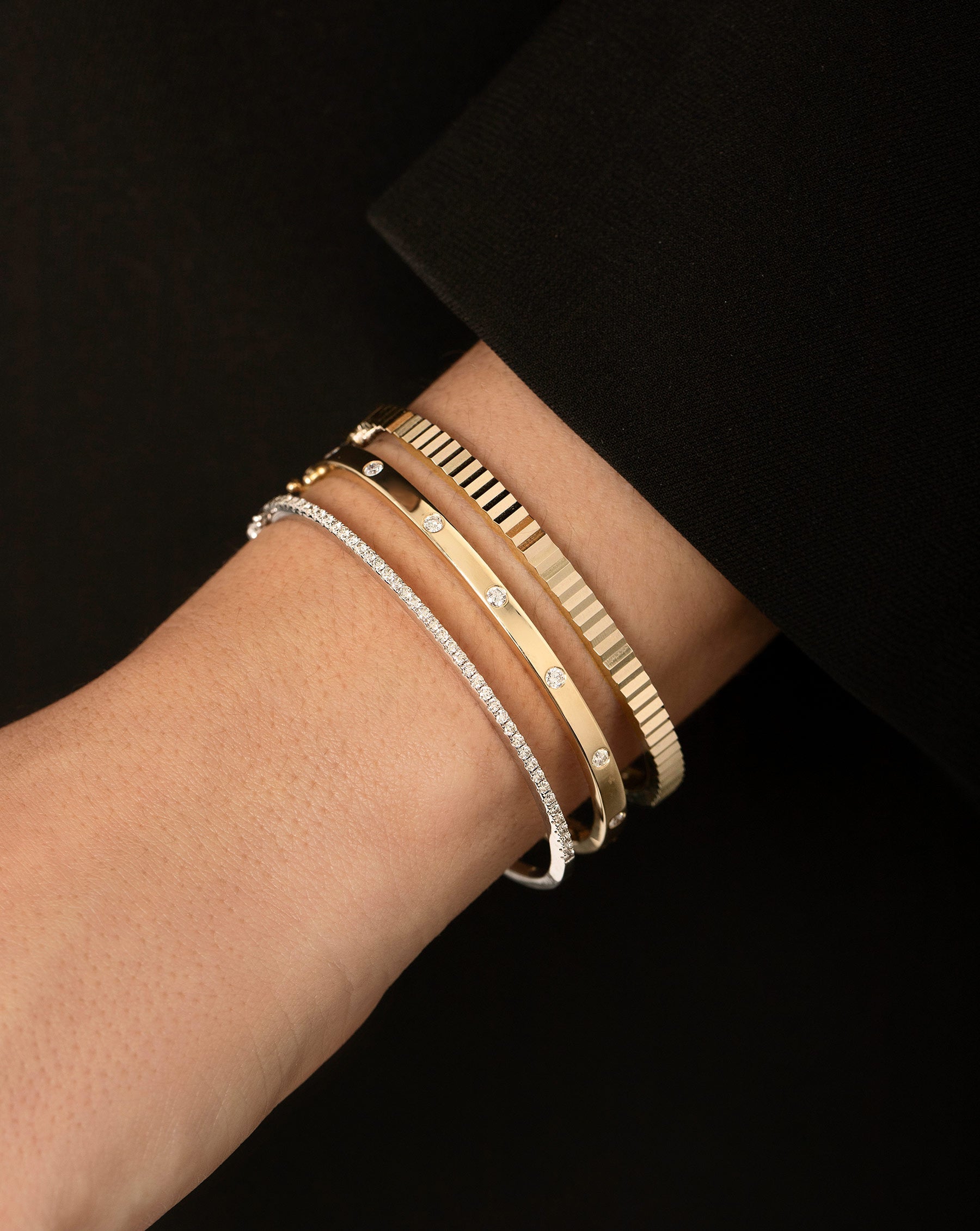 Inlay Diamond Bangle styled with Classic Diamond Bangle and Fluted Bangle