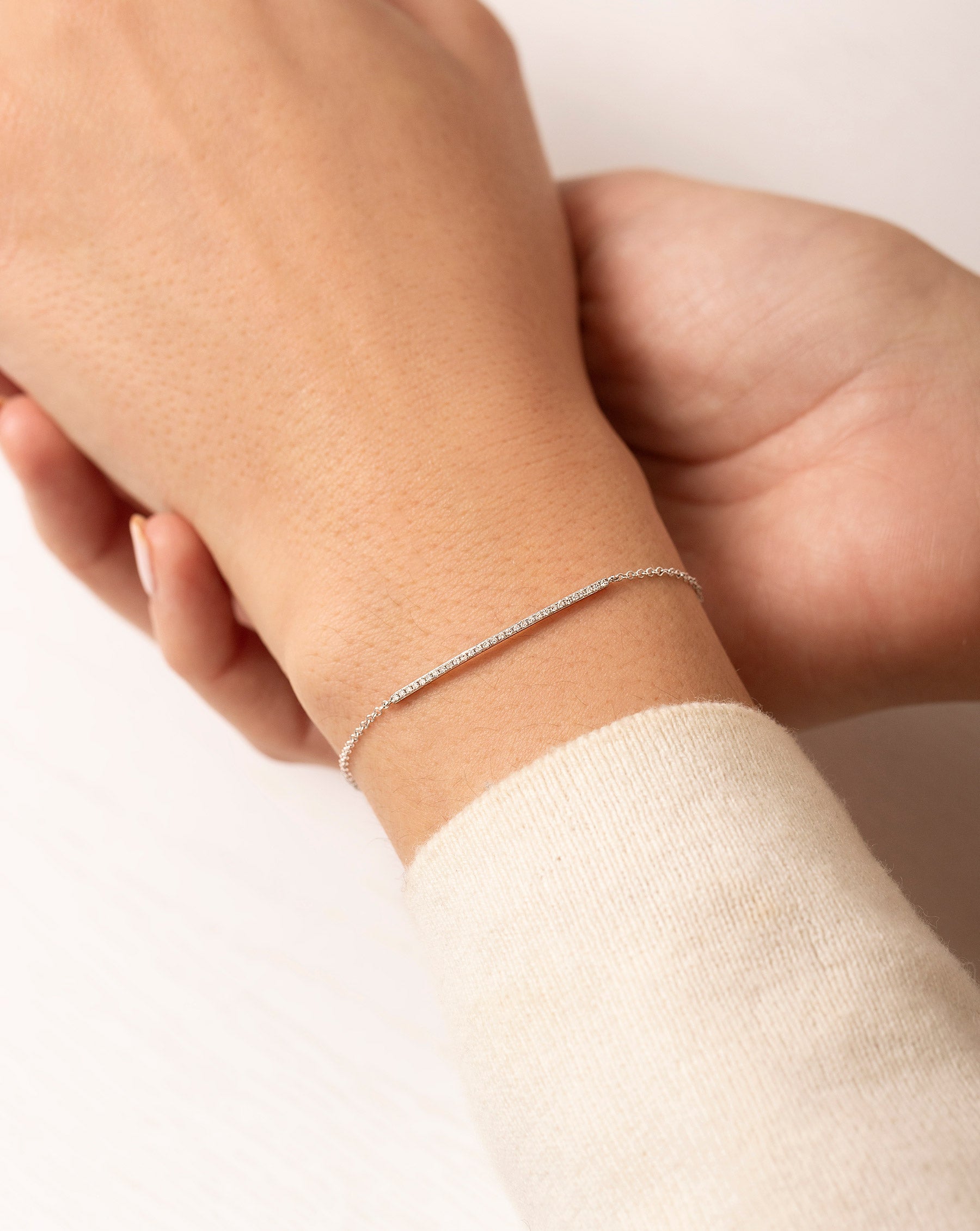 14k White Gold Diamond Bar Bracelet on model