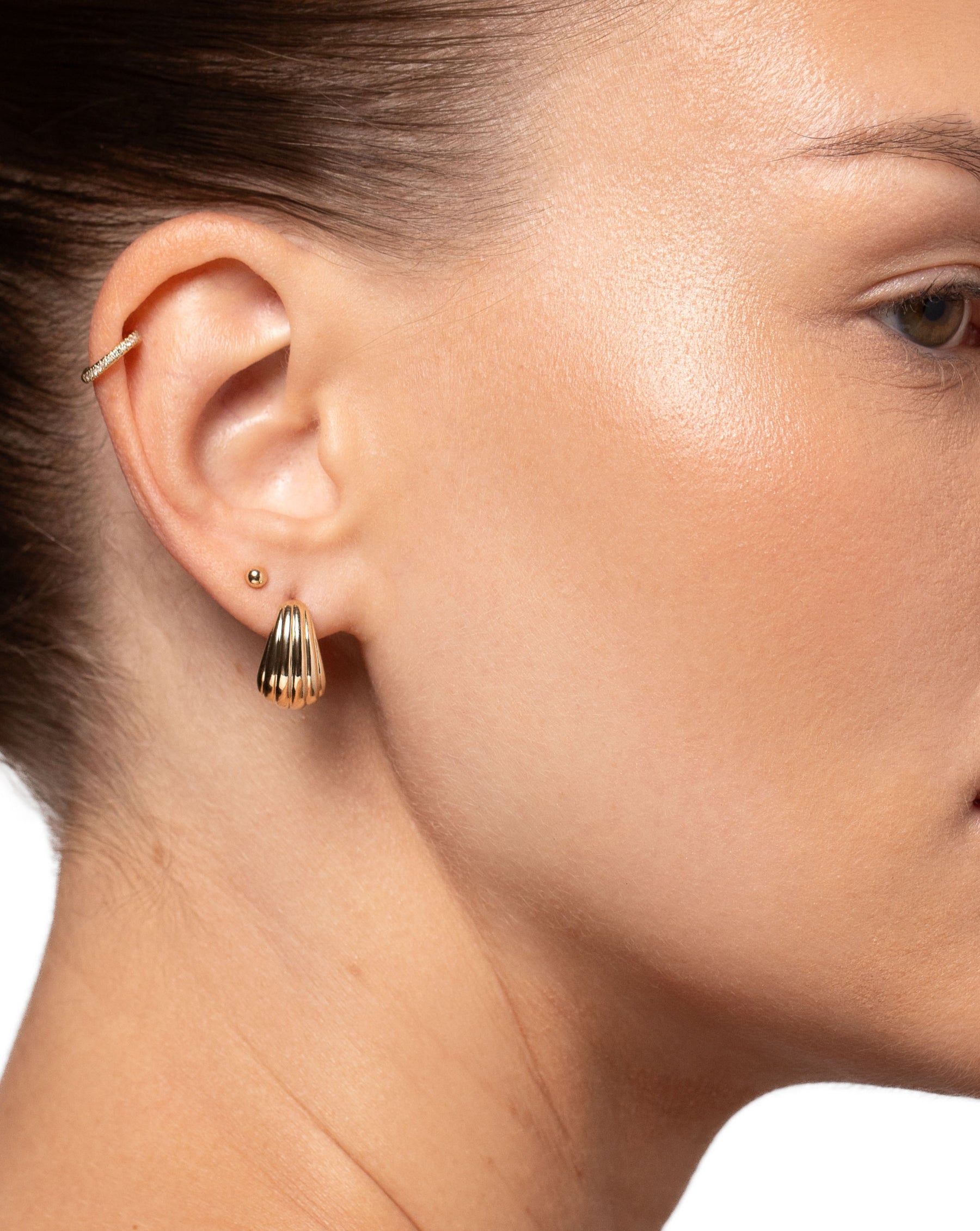 Ring Concierge Mini Diamond Ear Cuff 14K Yellow Gold - mini gold bead stud, and textured gold cloud earring shown on model
