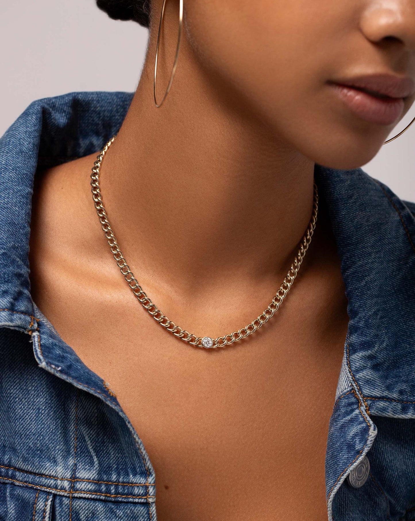 Bezel-Set Diamond Curb Chain Necklace on model wearing denim jacket