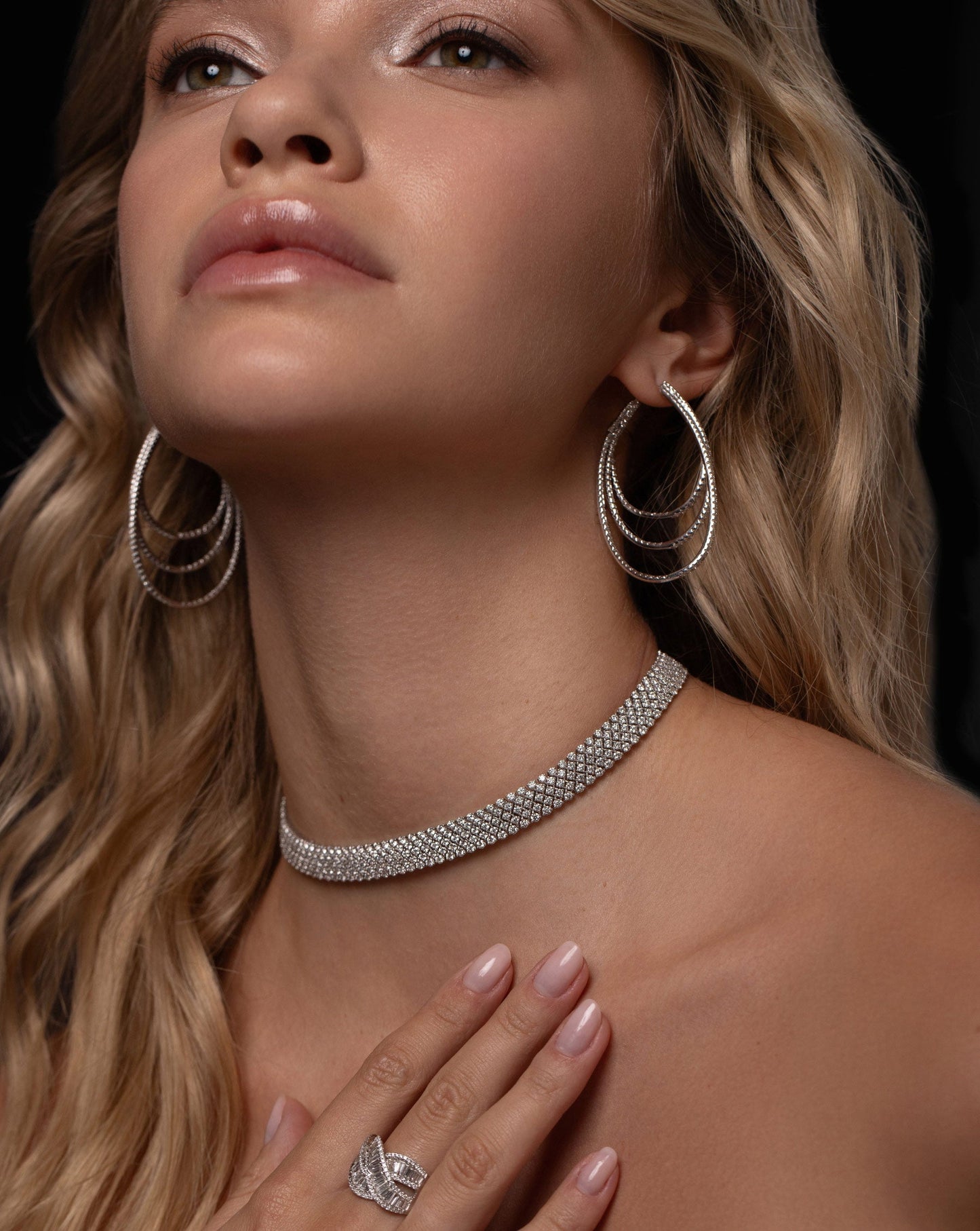 Triple Row Diamond Earrings, Diamond Mesh Choker, Baguette Lace Ring on model
