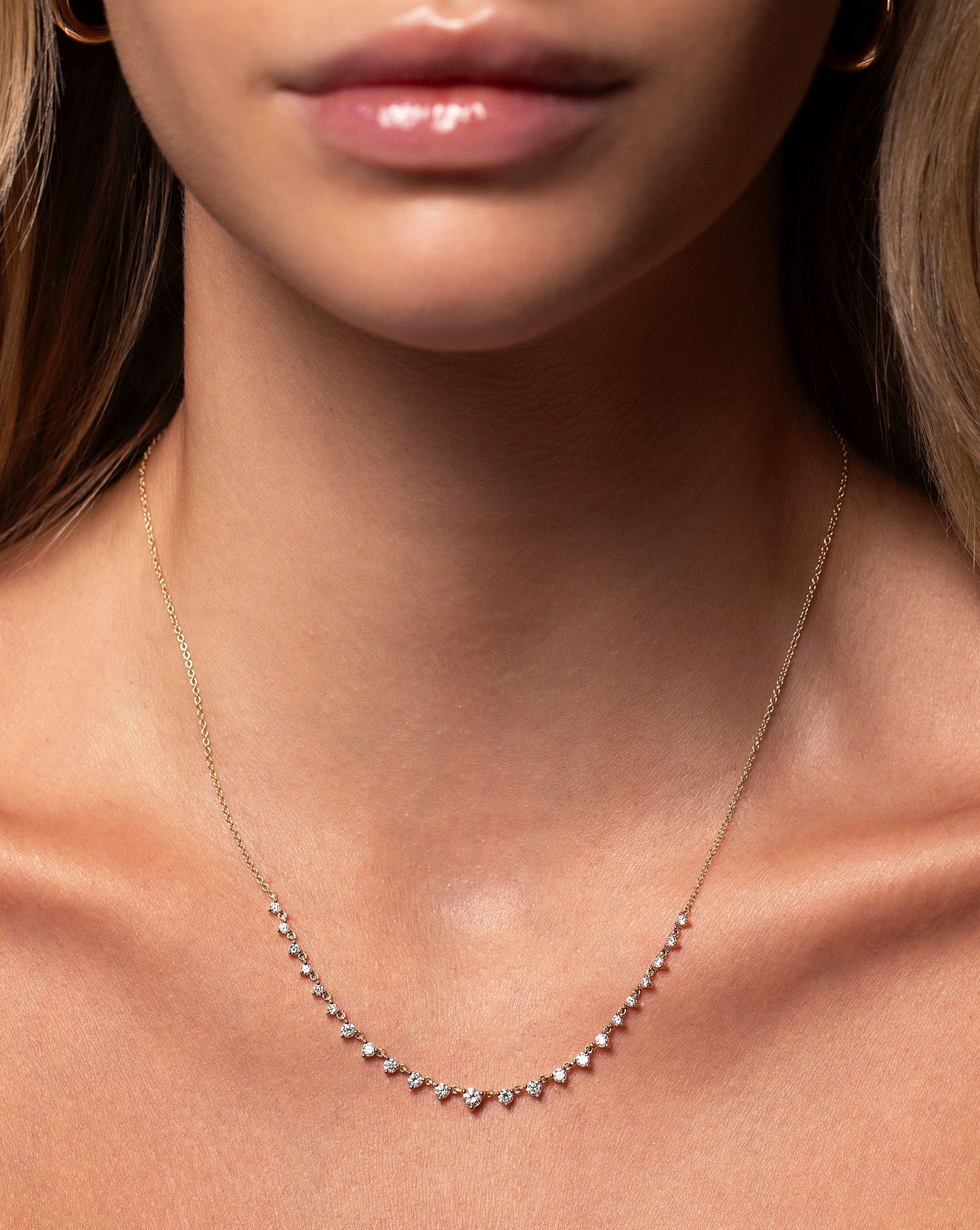 Graduated Diamond Layering Necklace shown worn on neck of model