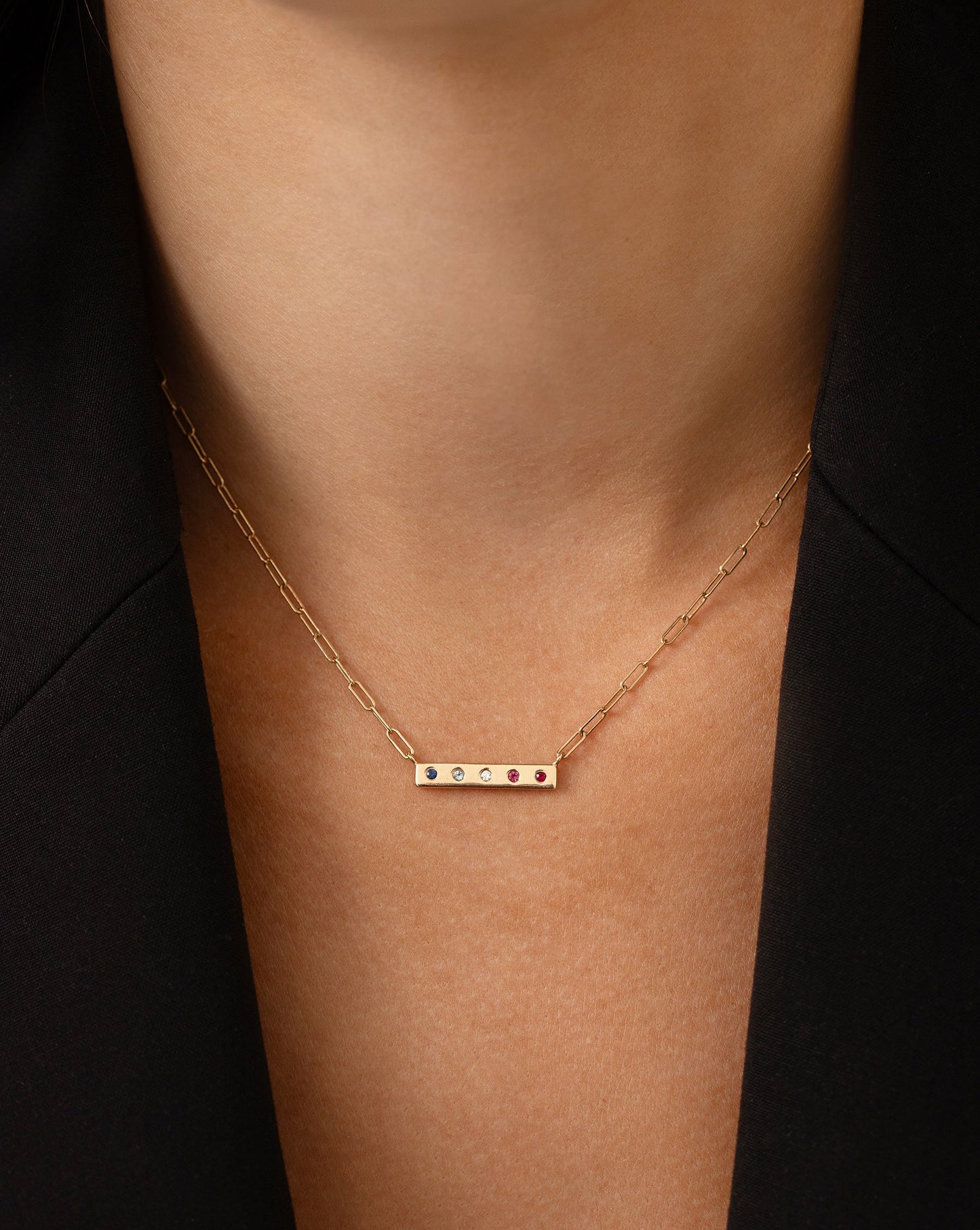 5 inlay birthstone bar necklace shown on model