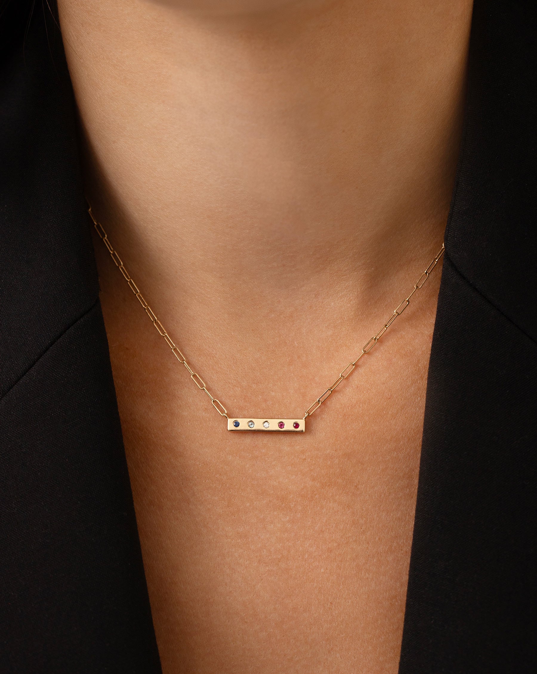 5 inlay birthstone bar necklace shown on model