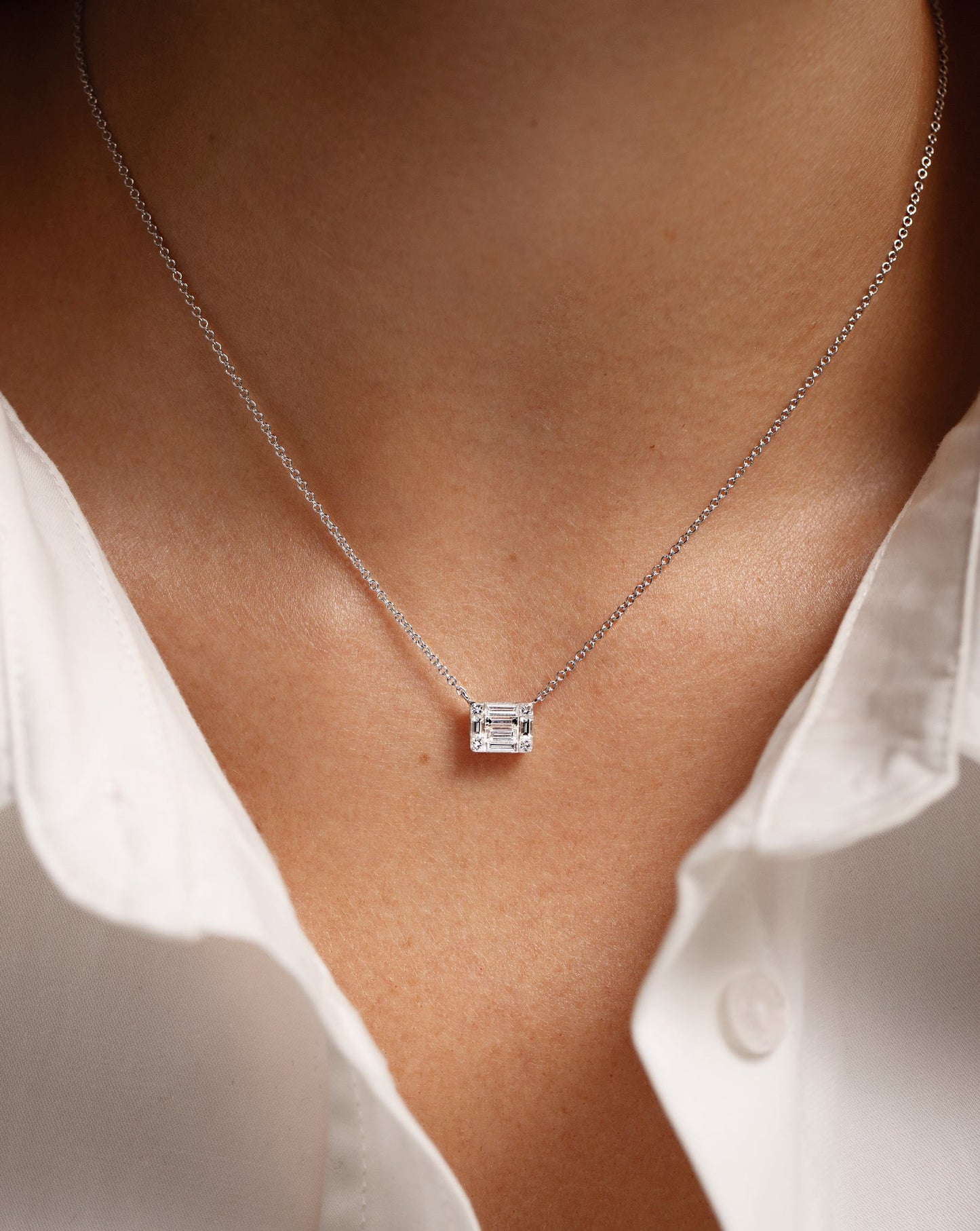 Large Emerald Illusion Necklace shown on neck