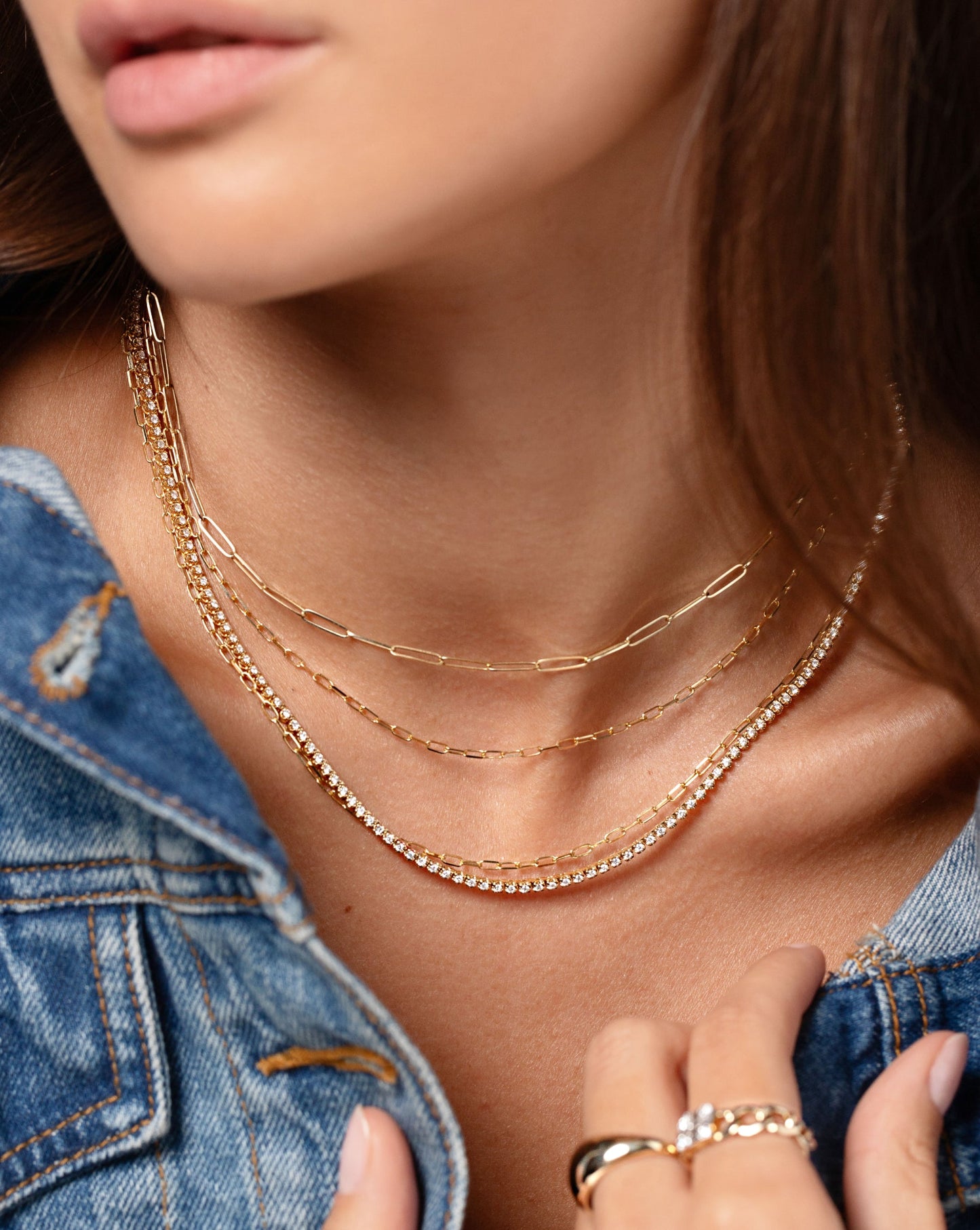 Multiway Mini Link Necklace + Triple Wrap Bracelet styled with Multiway Mini Link Necklace + Double Wrap Bracelet, Small Link Chain Necklace and Mini Diamond Tennis Necklace on model
