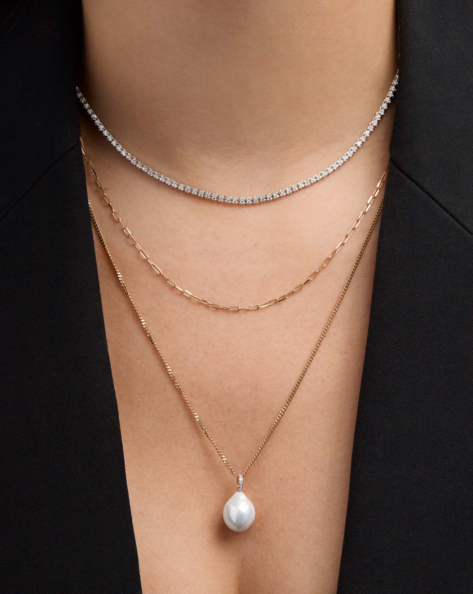Organic Pearl + Pavé Layering Necklace styled with 2 other necklaces on model
