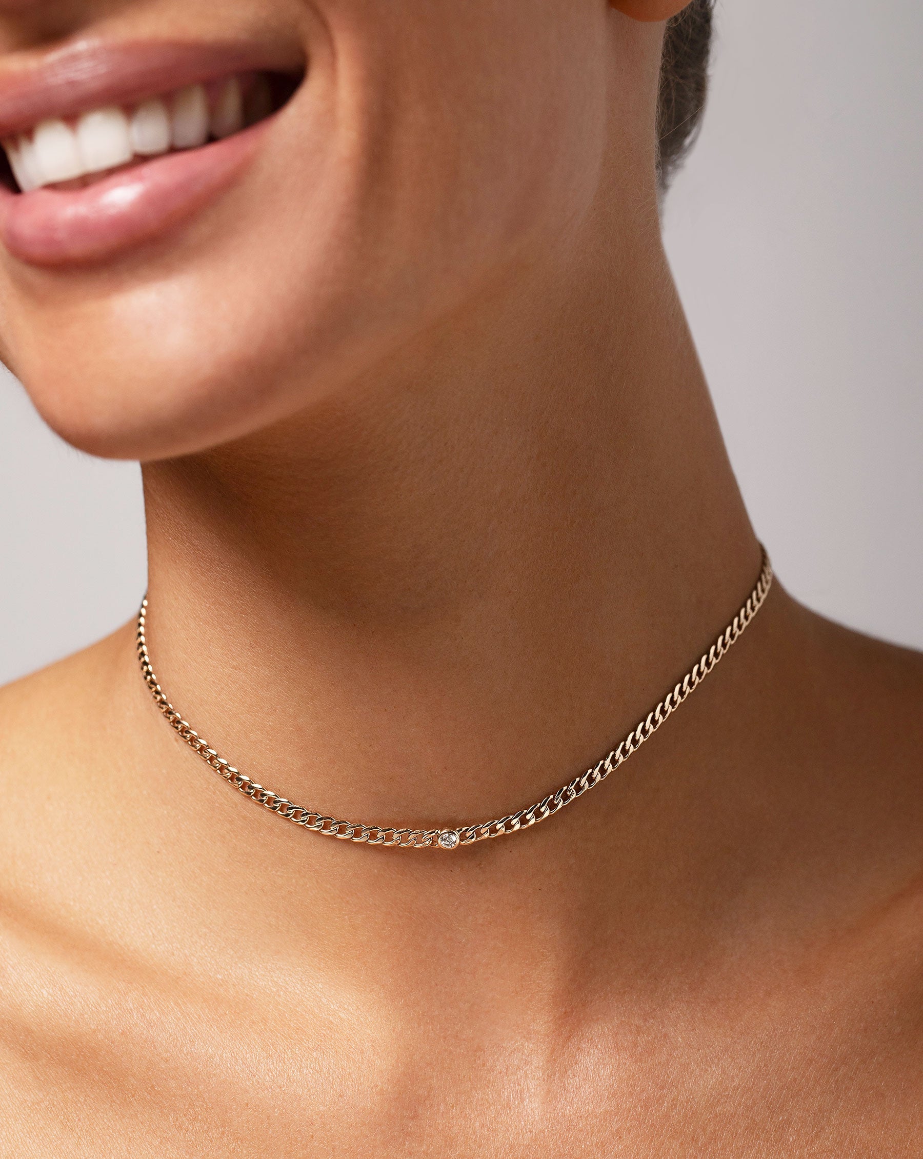 Petite Bezel-Set Diamond Curb Chain Necklace shown on neck of model