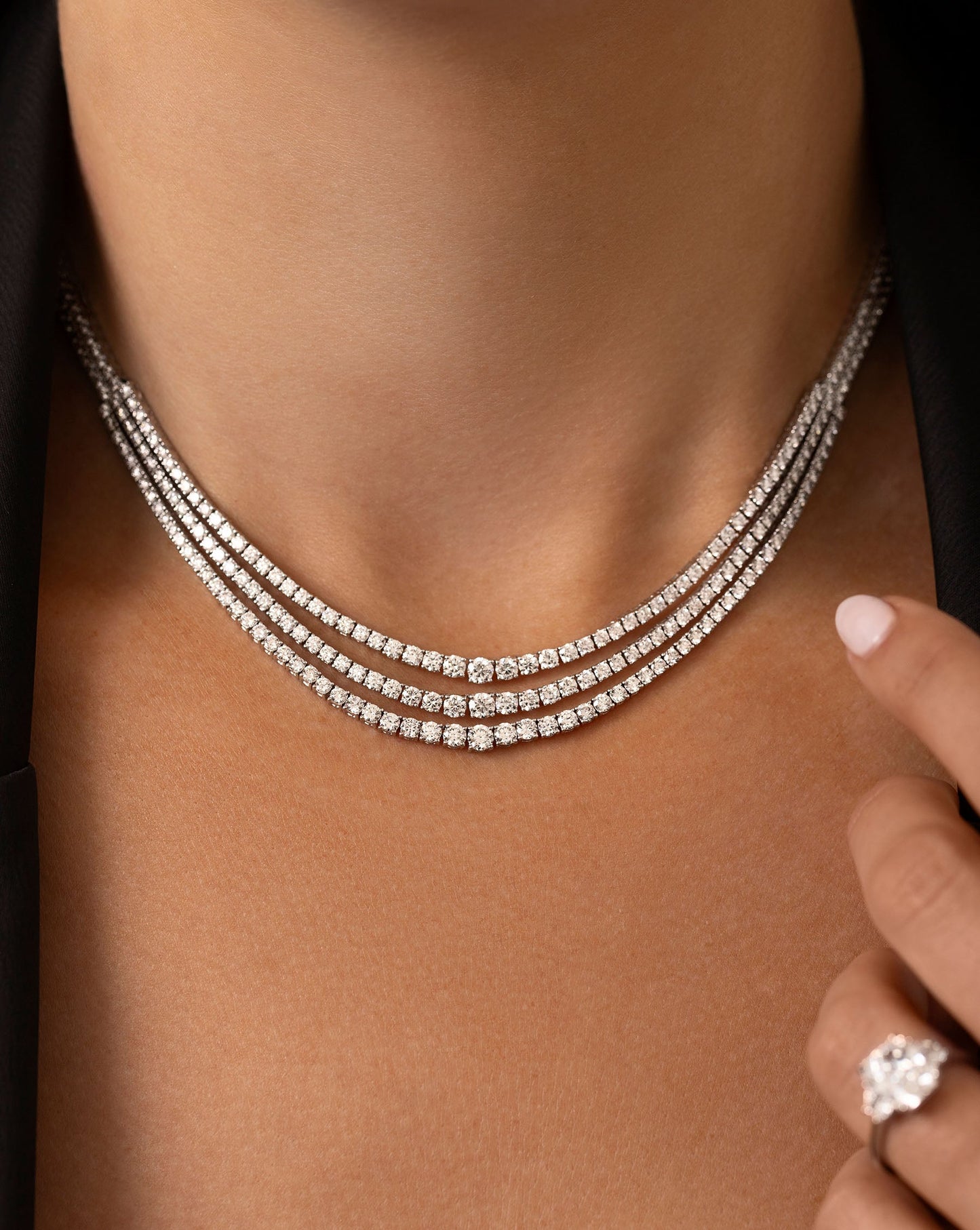 Triple Row Graduated Diamond Tennis Necklace on model