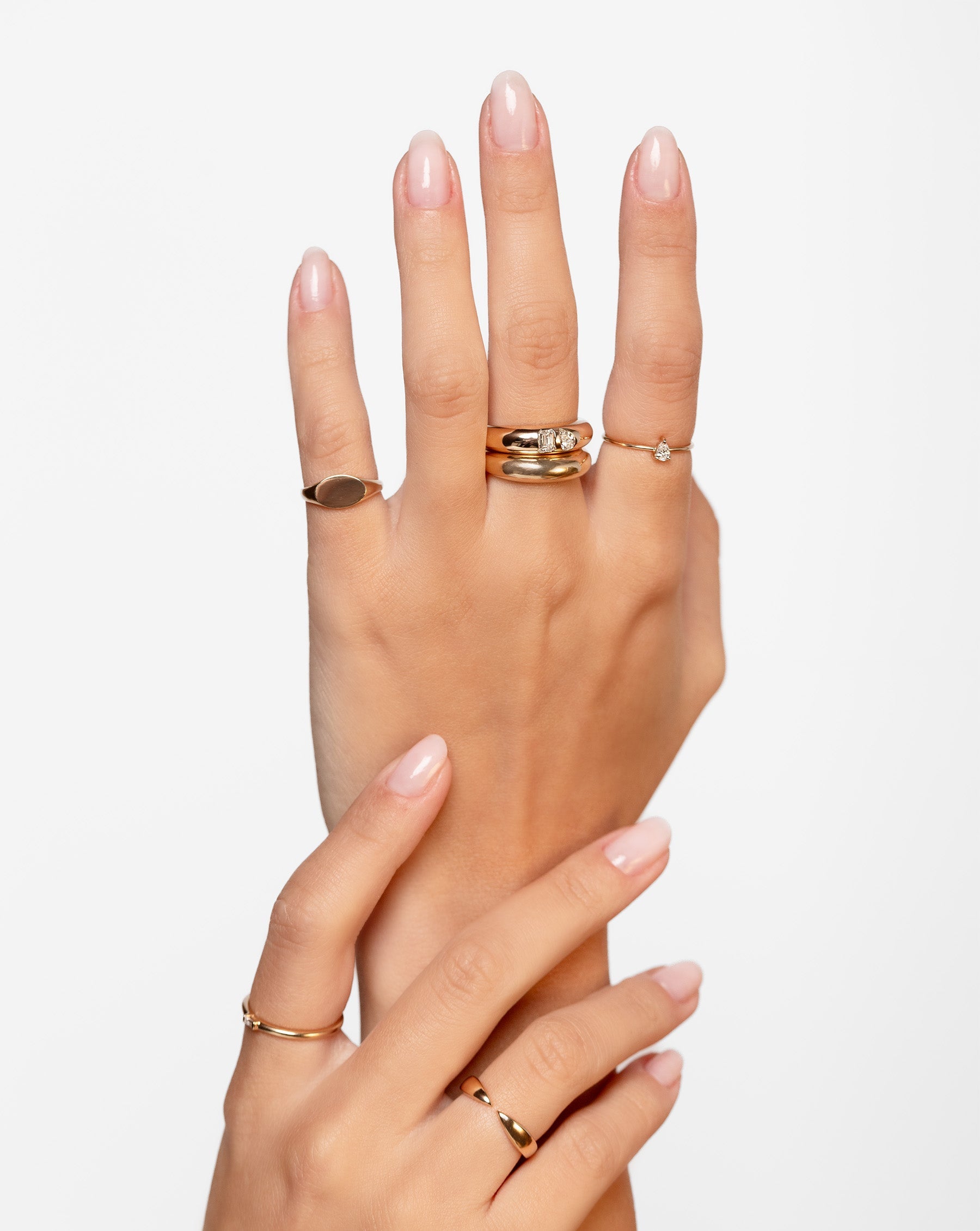 Ring Concierge Engravable Gold Signet Ring - hand holding wrist, on-hand on pinky styled with metal fine jewelry 