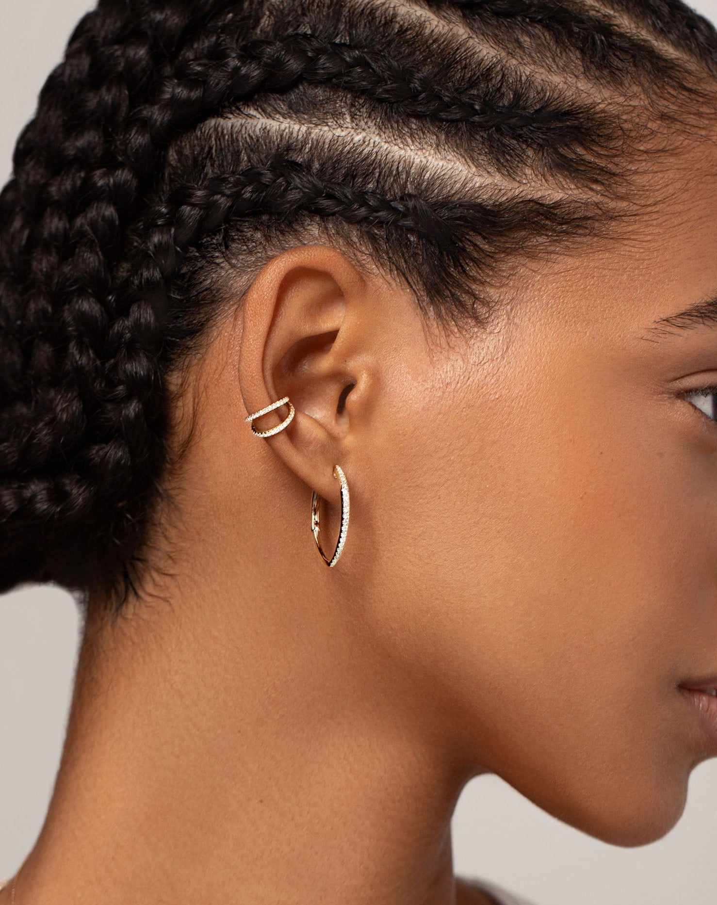 Double Row Diamond Ear Cuff and Marquise Diamond Hoops on model