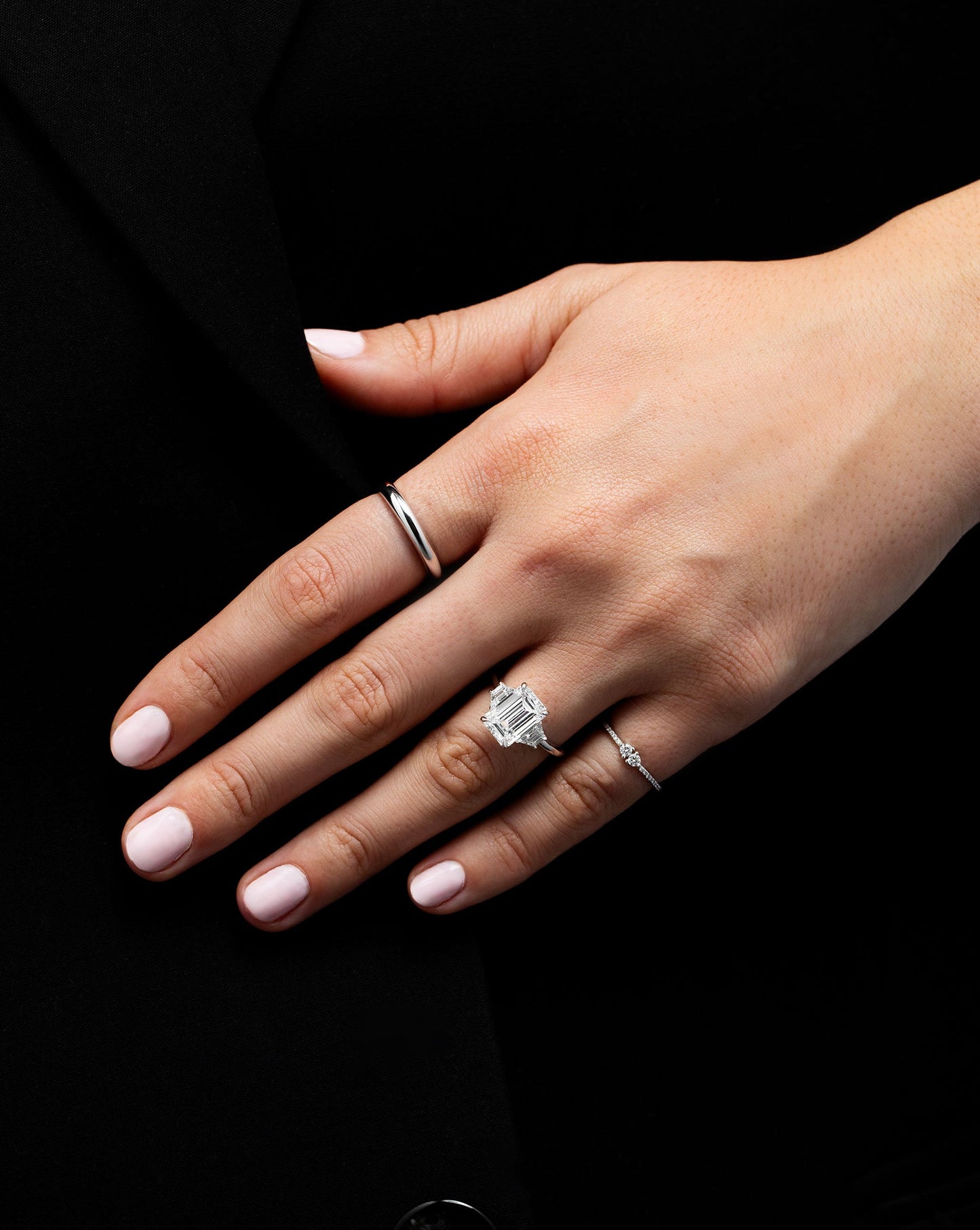Twin Diamond Ring in white gold on model's pinky finger