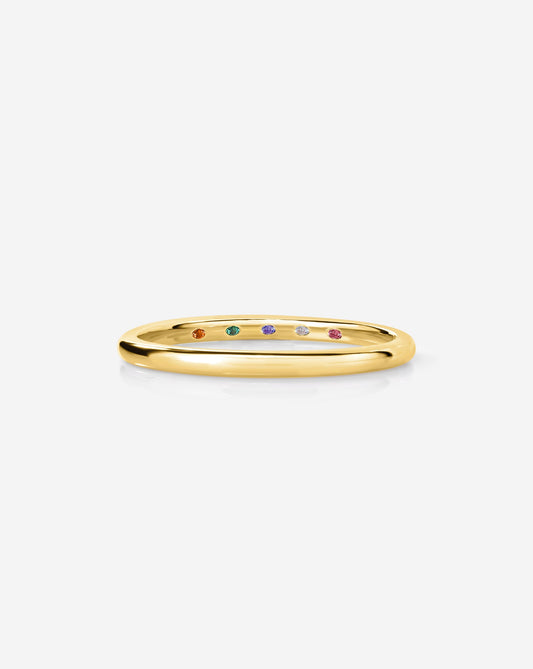 1.5 mm Band with Birthstone product still image with 5 birthstones on the inside of the band 14k yellow gold