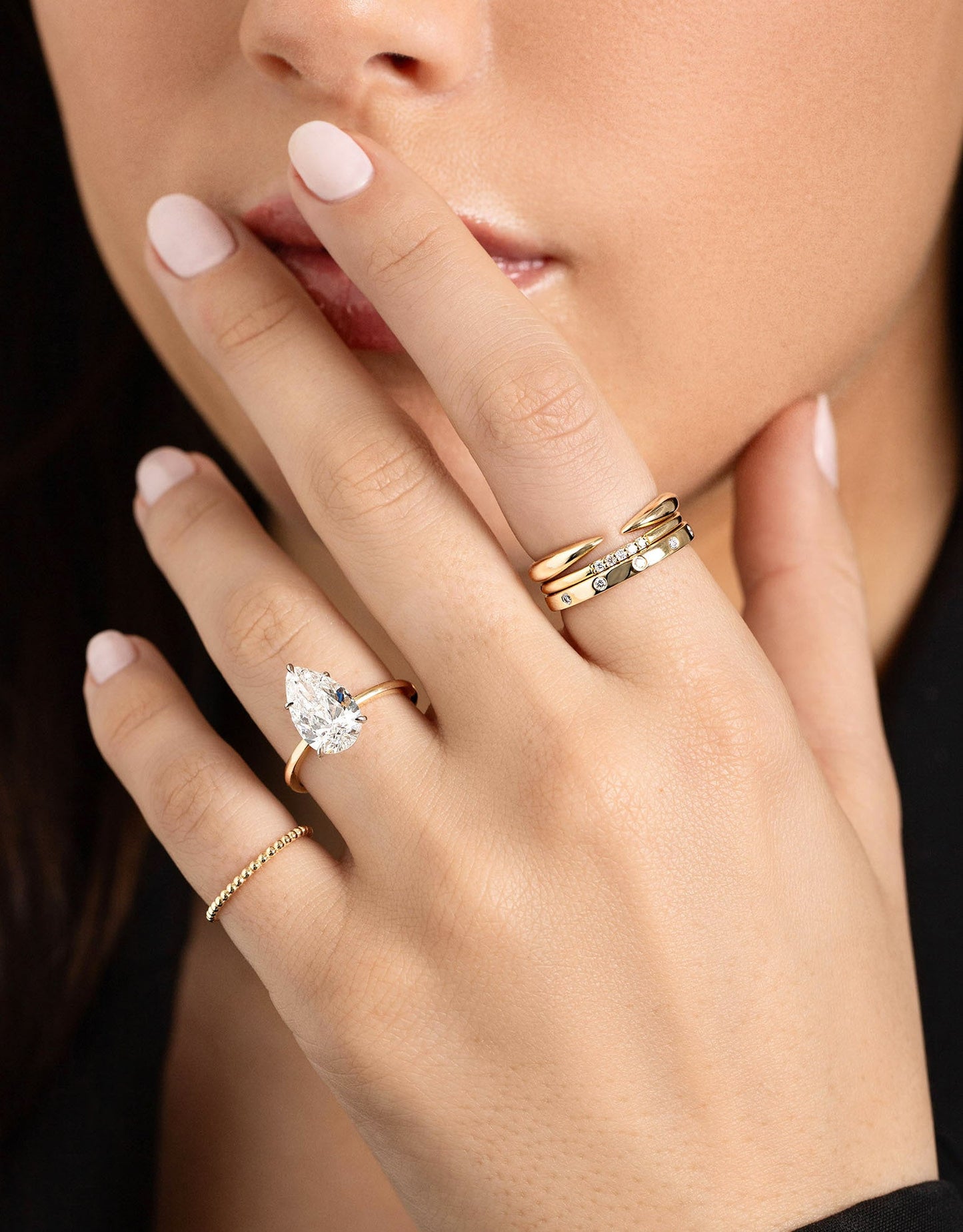 Inlay Diamond Ring stacked with 2 other rings on model