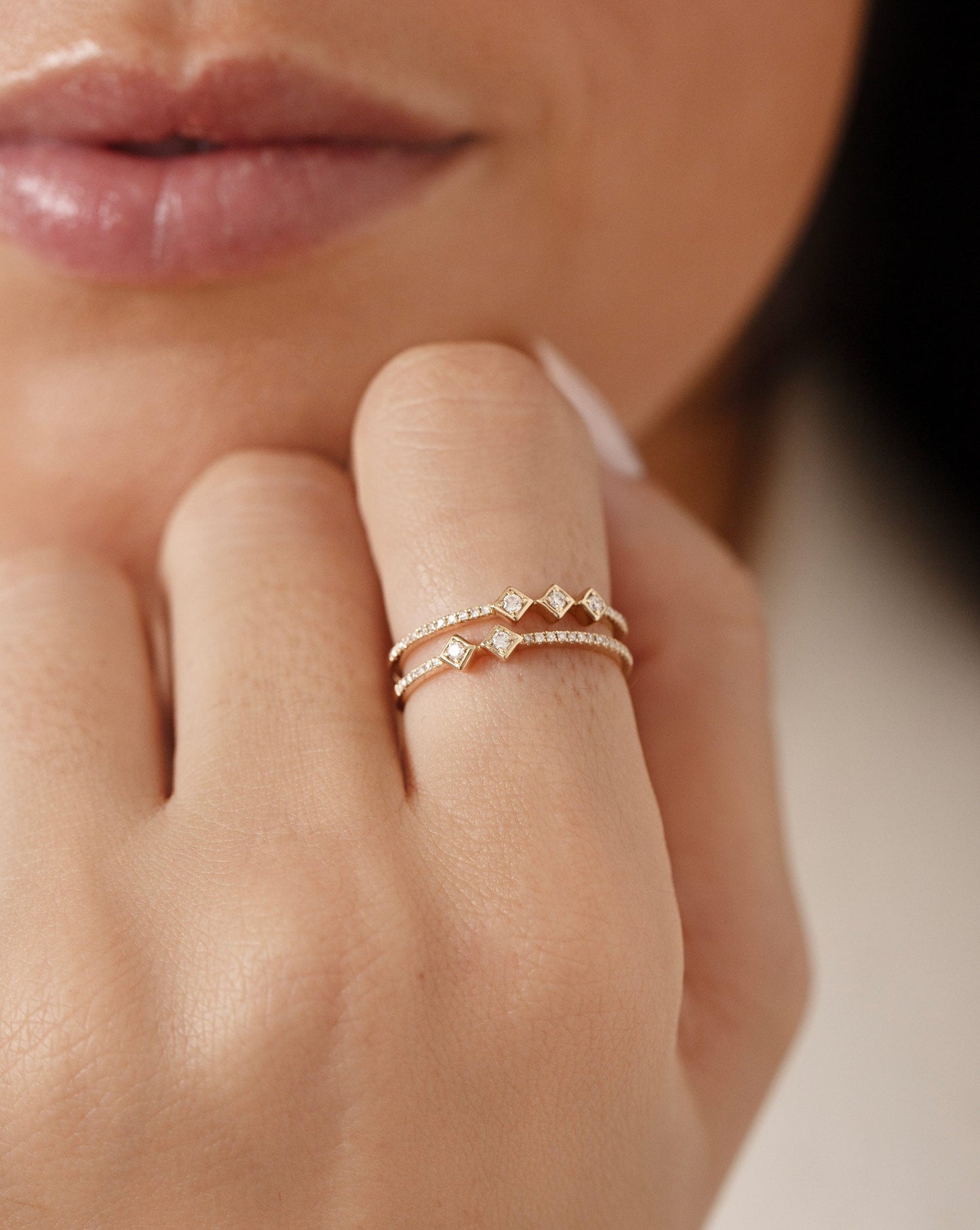 Asymmetrical Stacked Diamond Ring on model