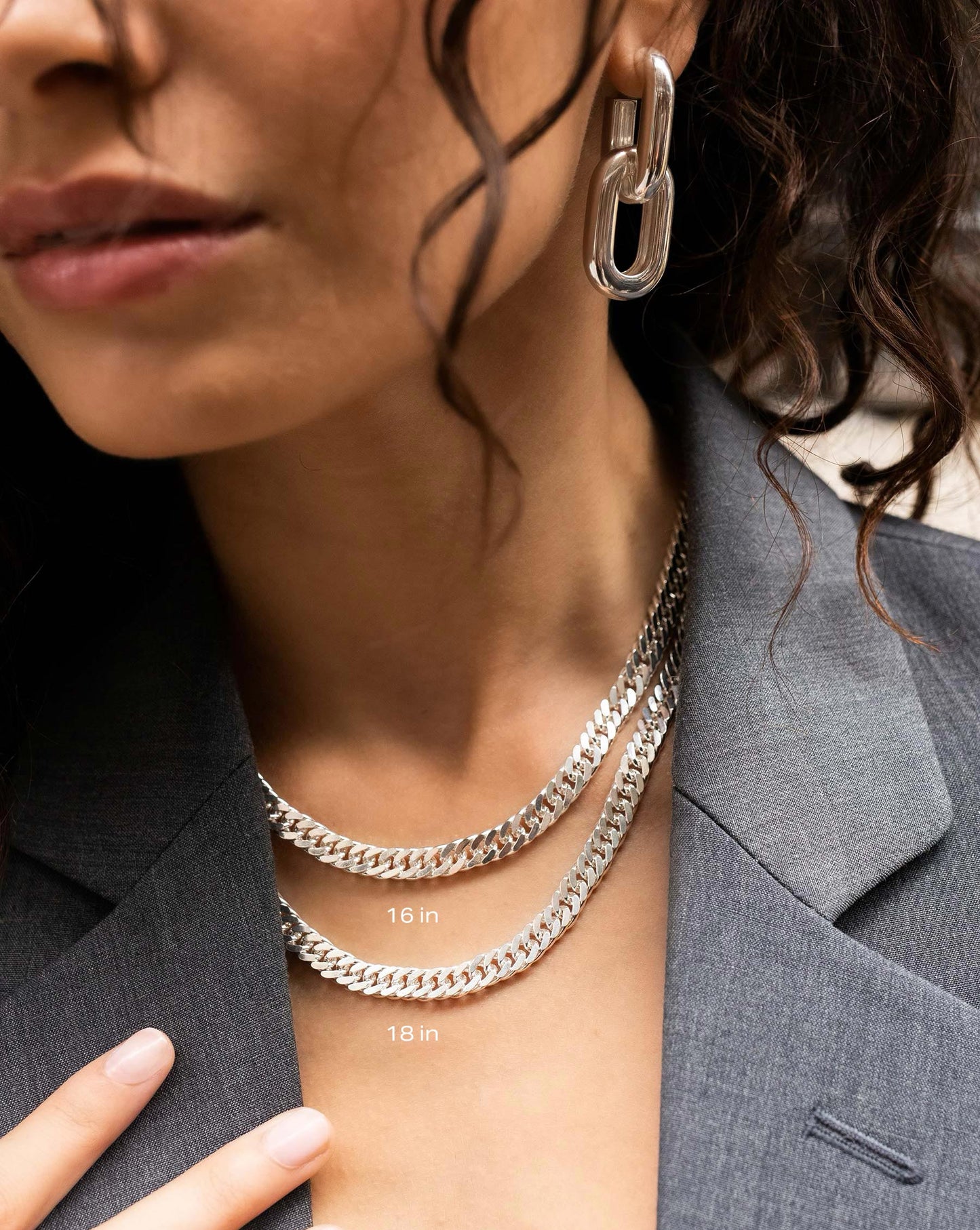 Ring Concierge Statement Sterling - Jumbo Curb Chain Necklace Sterling Silver, on model layered and model styled in gray blazer