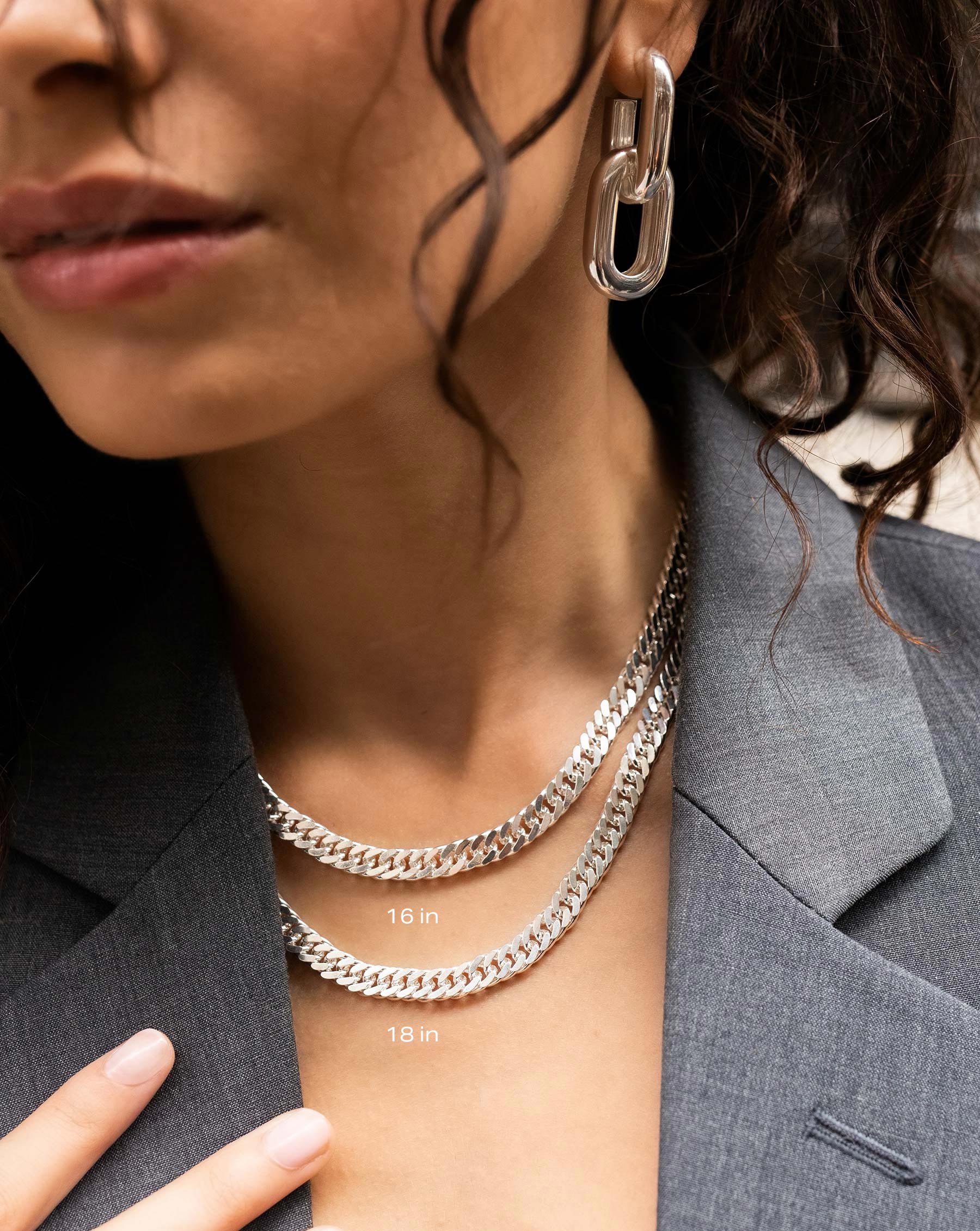 Ring Concierge Statement Sterling - Jumbo Curb Chain Necklace Sterling Silver, on model layered and model styled in gray blazer