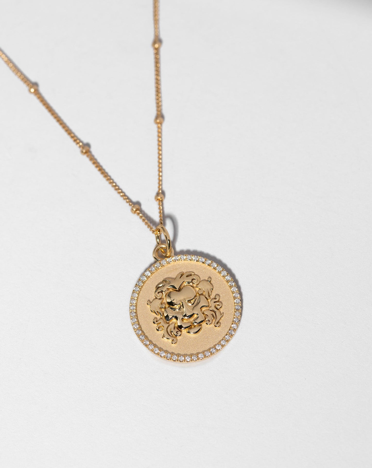 Flat lay of Zodiac Medallion Necklace Leo sign