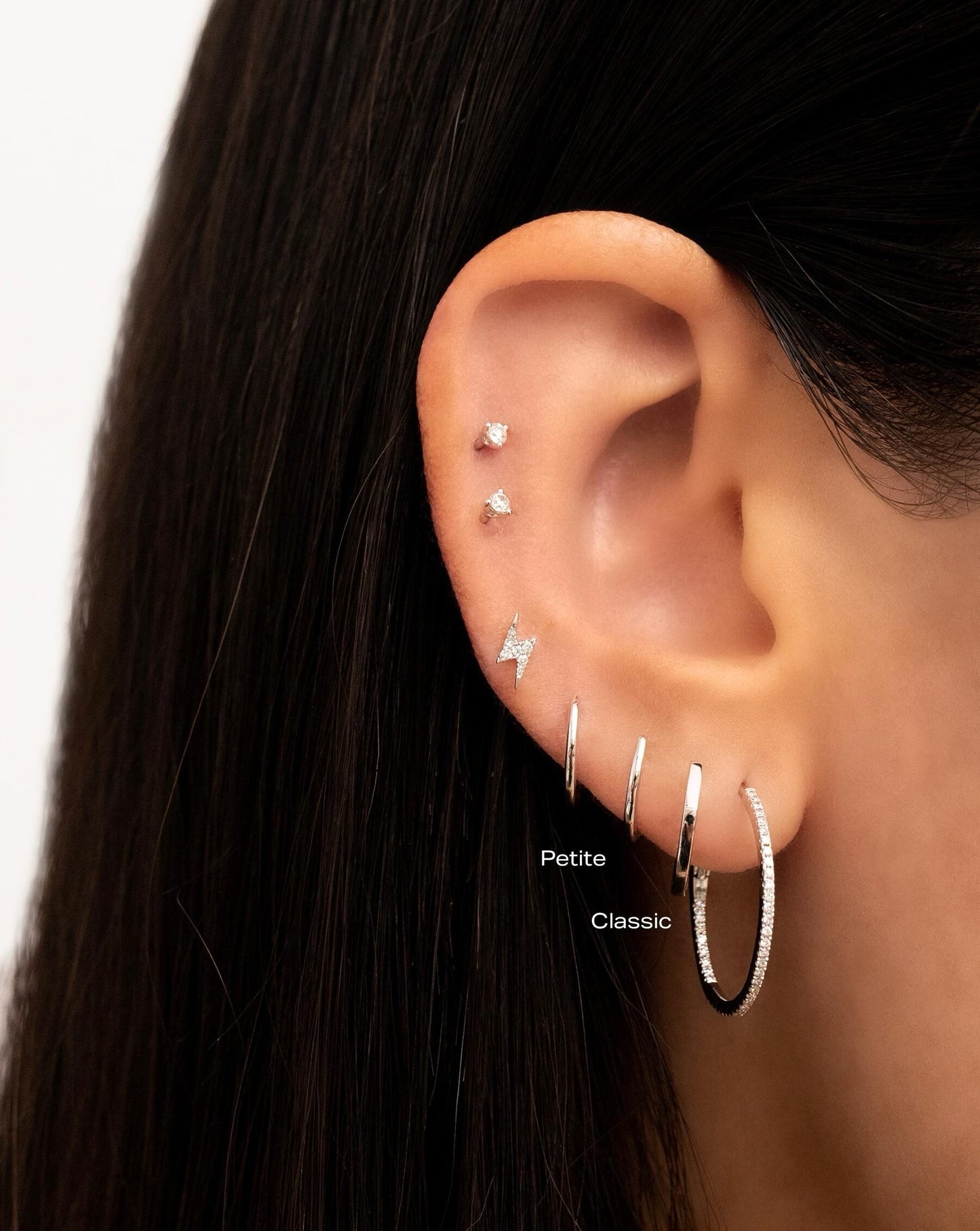 Ring Concierge Earrings Classic and Petite Gold Huggies 14k White Gold - styled with other hoops and studs