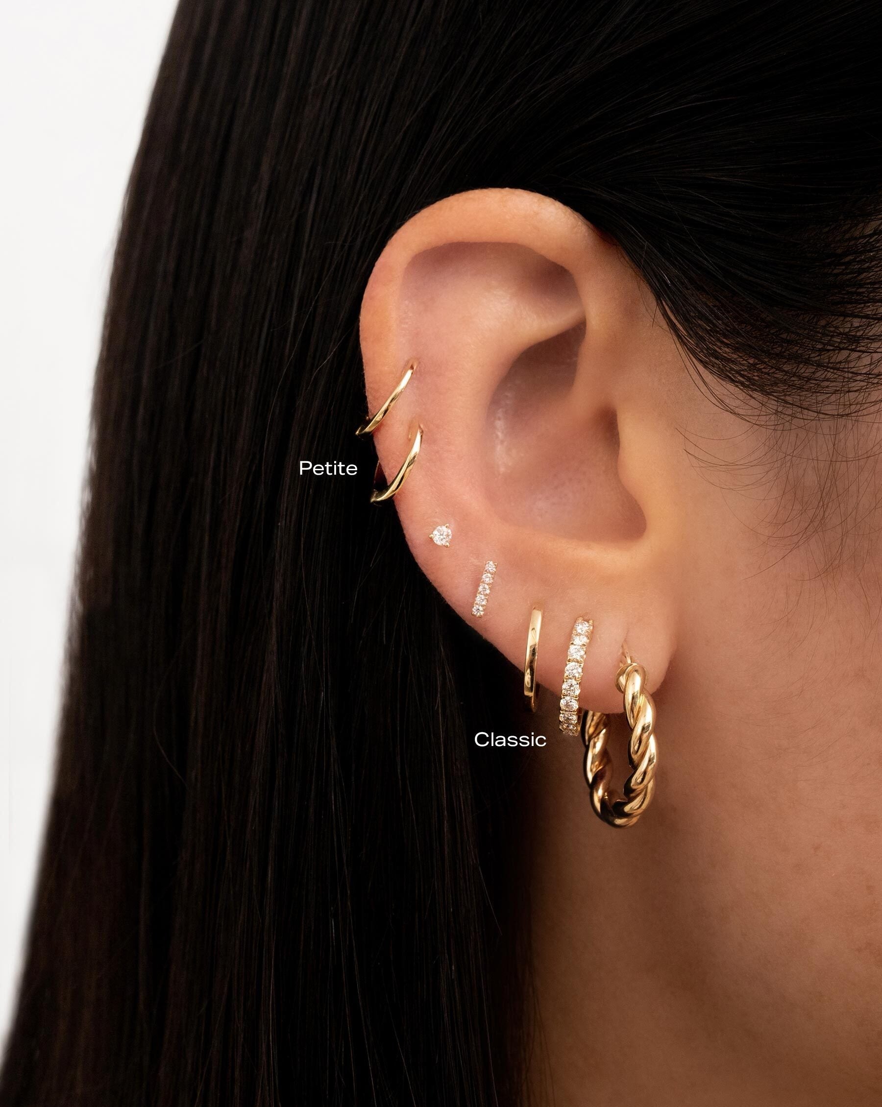 Ring Concierge Earrings Classic and Petite Gold Huggies 14k Yellow Gold -  styled with other hoops and studs