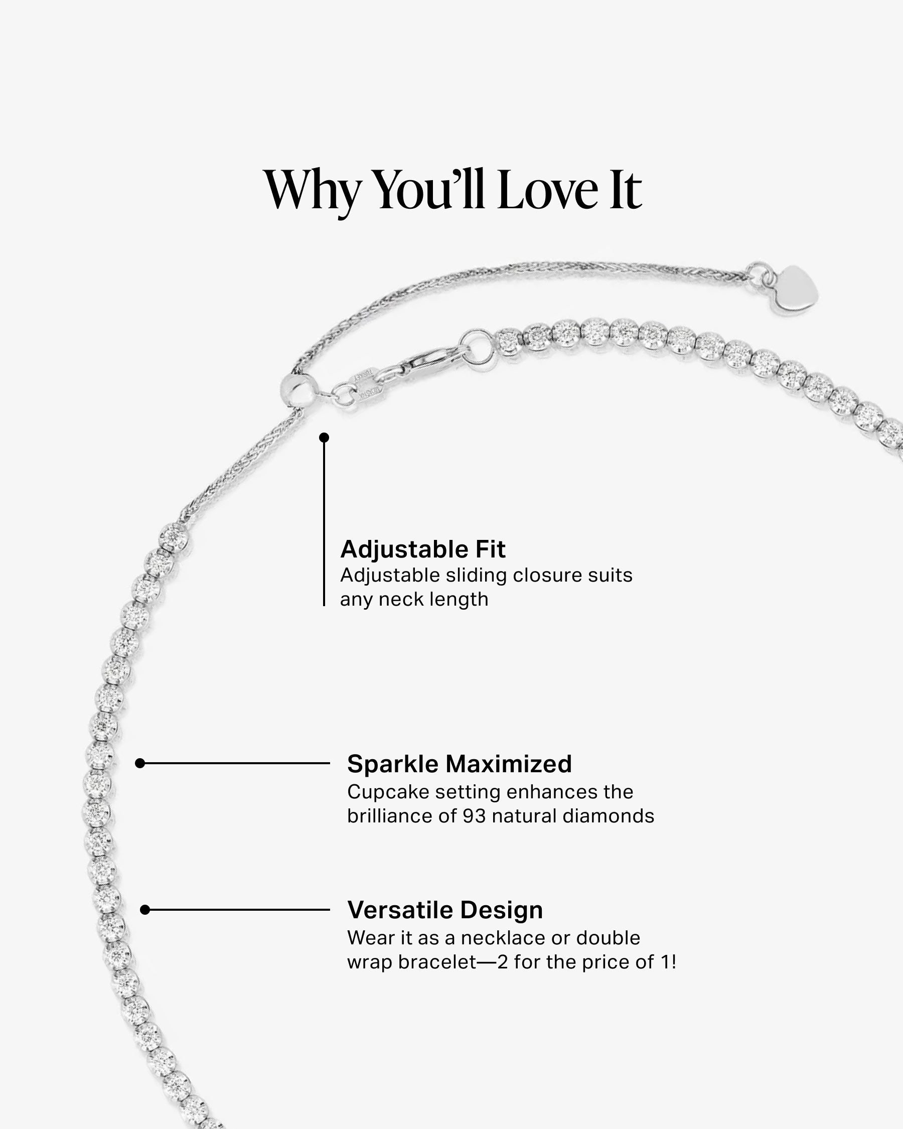 Multiway Tennis Necklace + Double Wrap Bracelet Why You'll Love It infographic