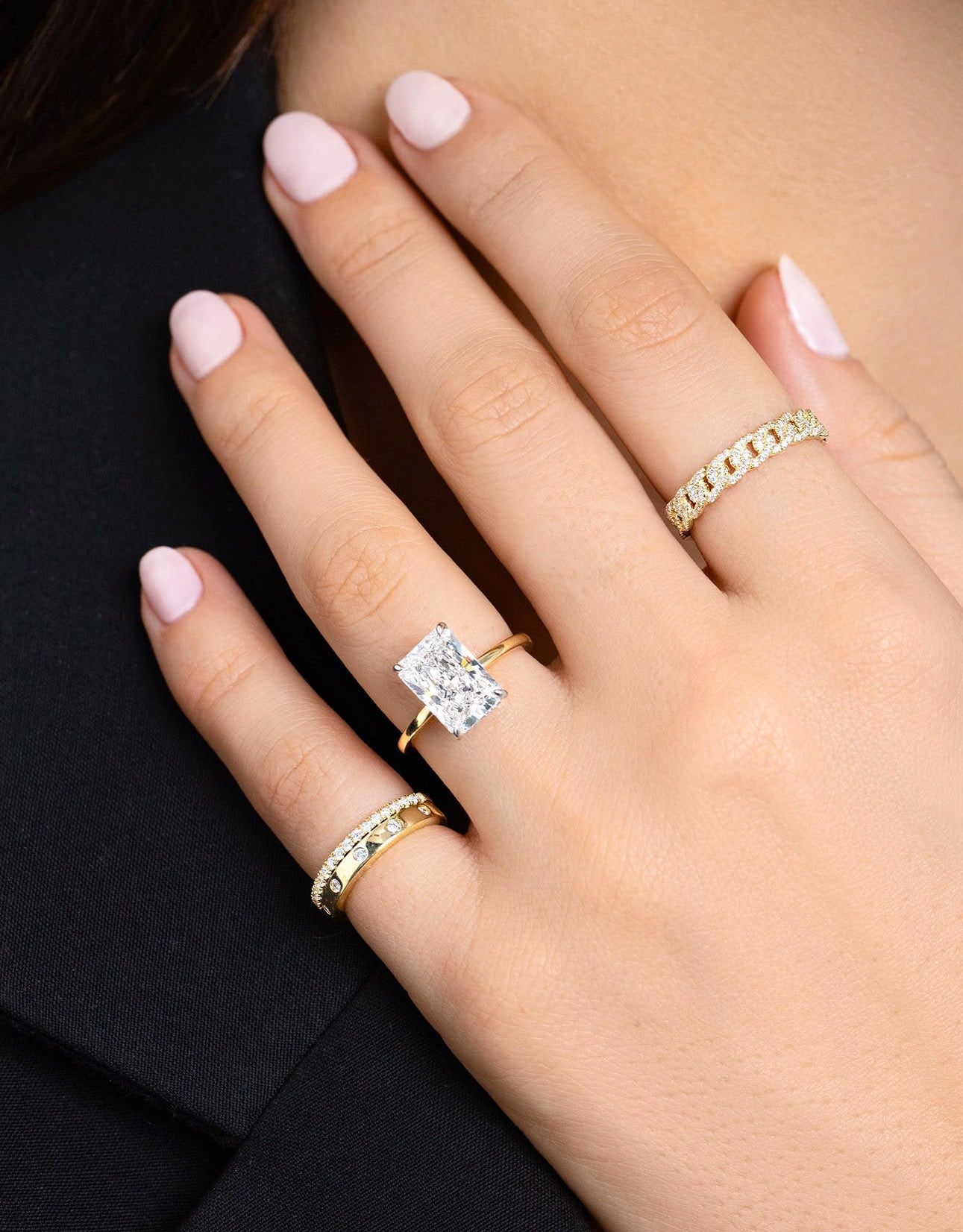 Inlay Diamond Ring stacked on pinky finger on model