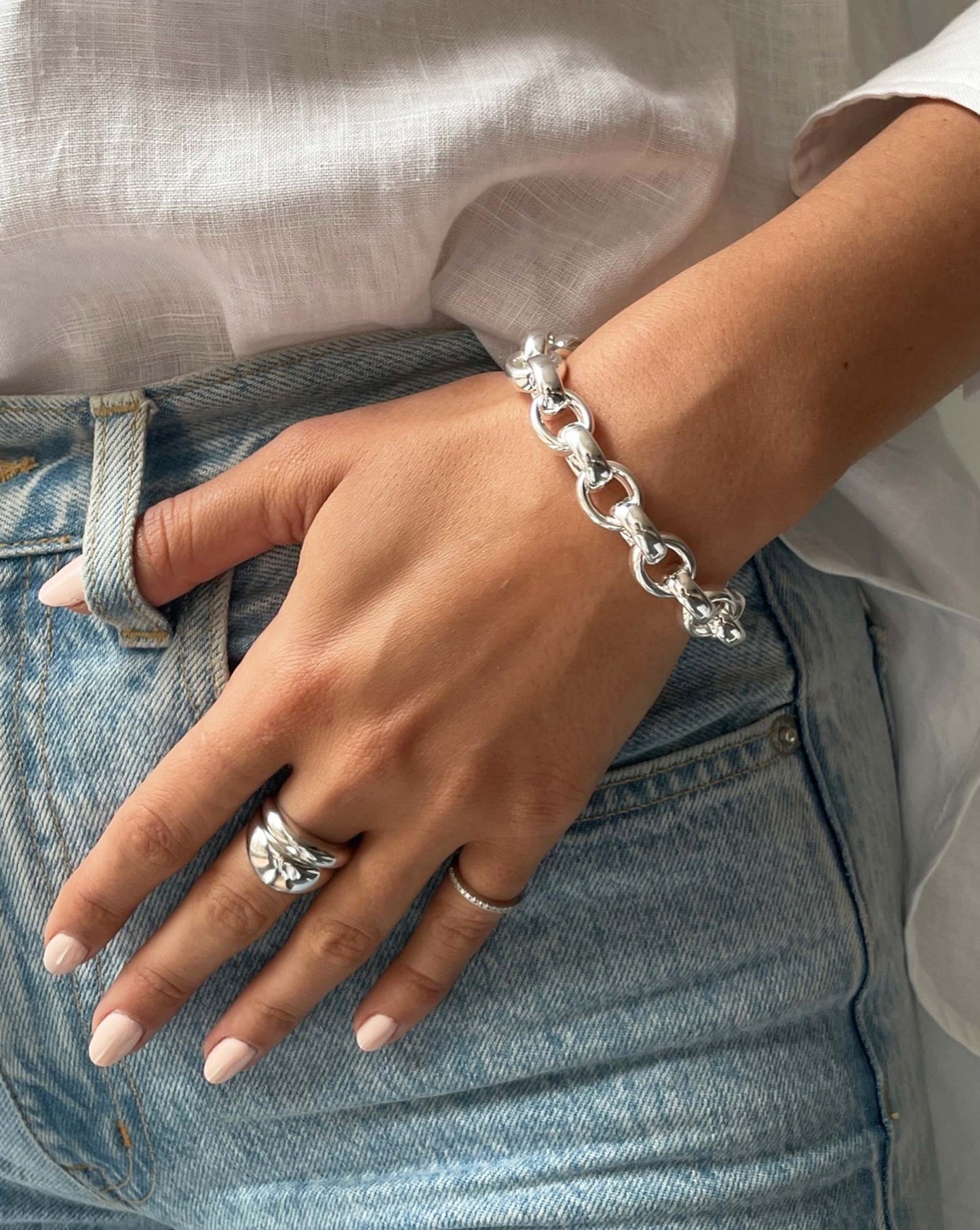 Ring Concierge Bracelets Statement Sterling - Round Link Chain Bracelet - on model