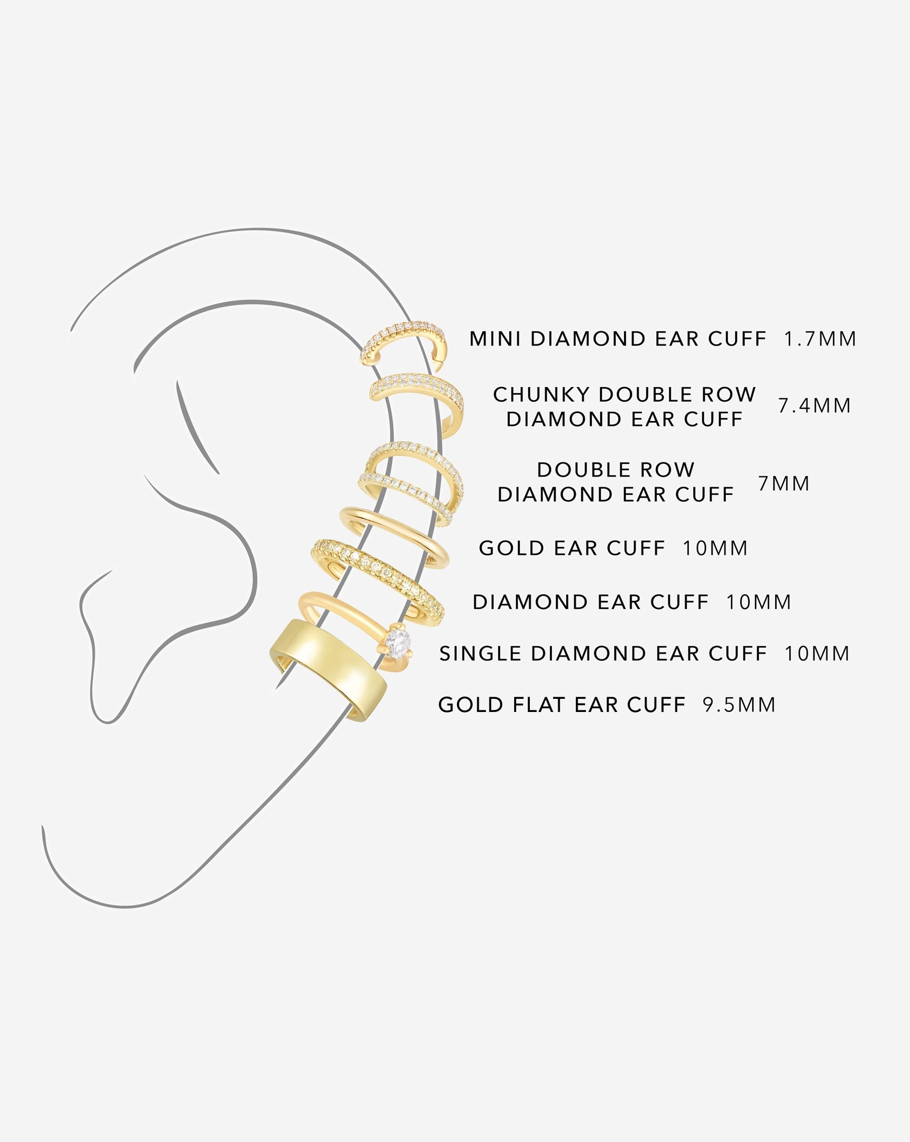 Ear cuff hoop options with descriptions and sizes