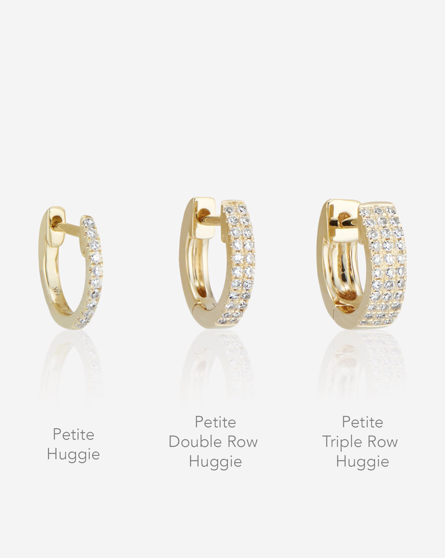 Flat Lay comparison of Petite Triple Row Huggies, Petite Double Row Huggies, and Petite Diamond Huggies