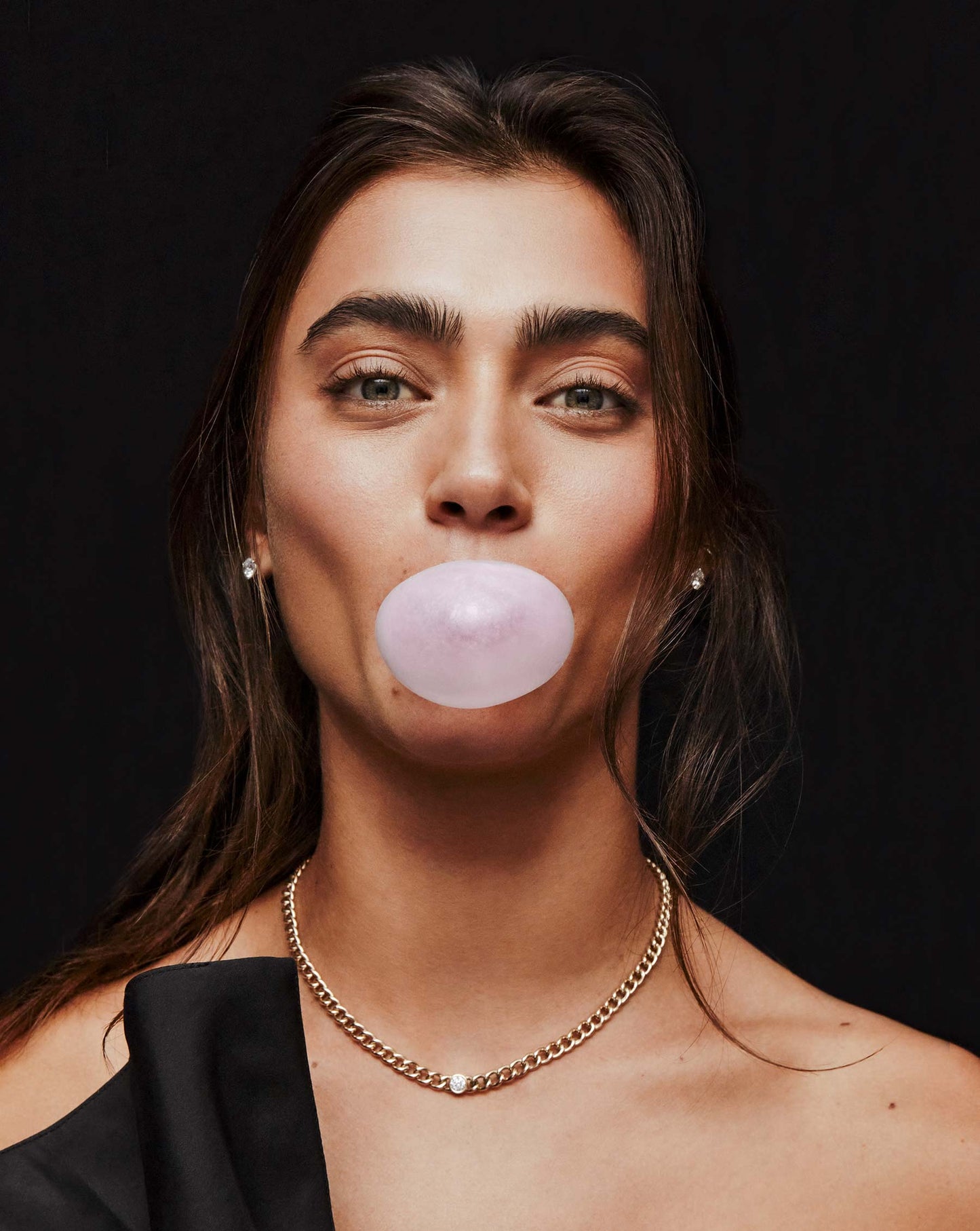 Ring Concierge Necklaces 14k Yellow Gold Bezel-Set Diamond Curb Chain Necklace - On-model on strapless dress, model blowing bubble gum