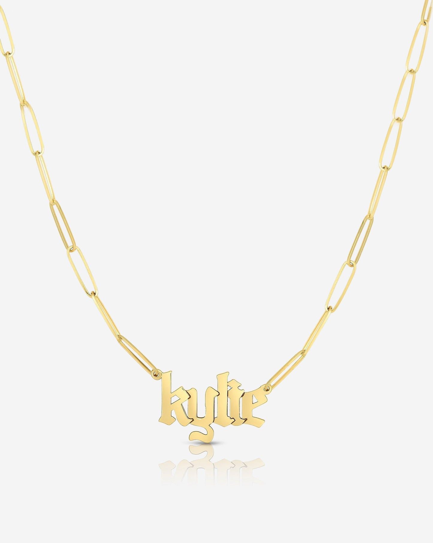 Ring Concierge Necklaces 14k Yellow Gold Personalized Gothic Name + Link Chain Necklace - name 'KYLIE'