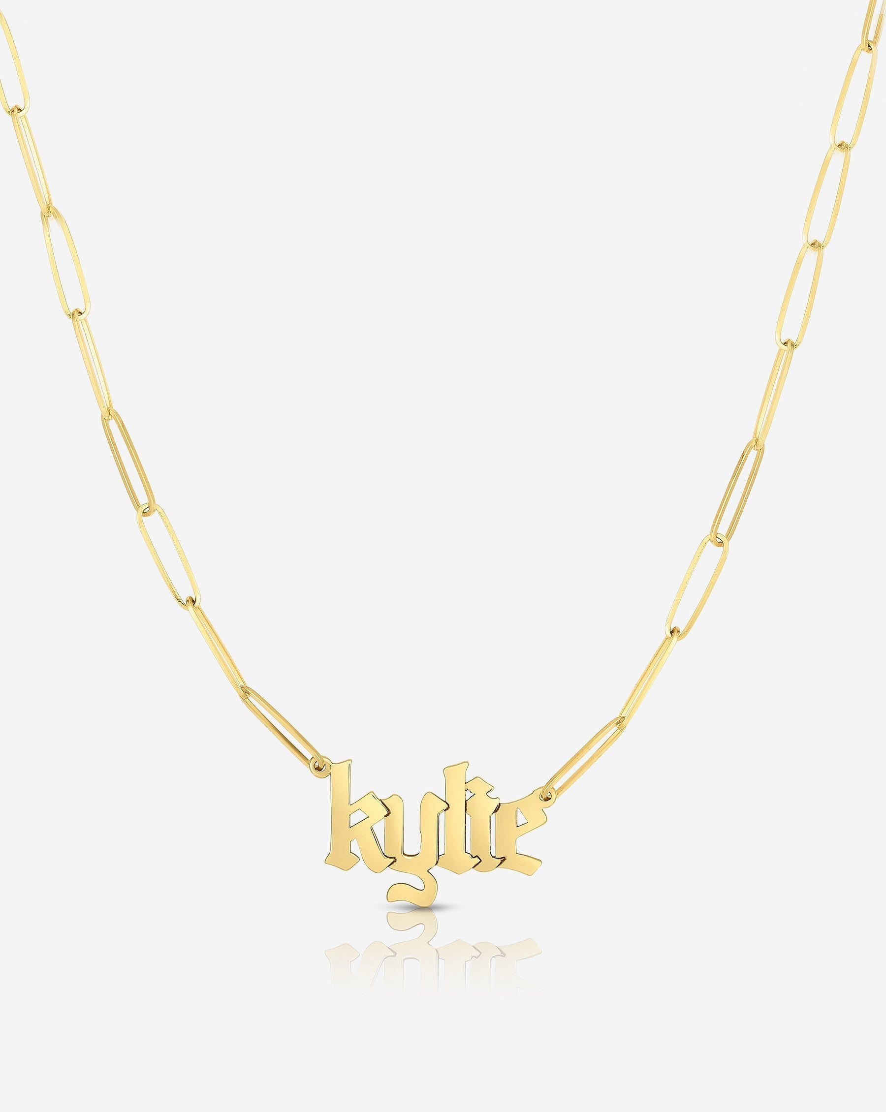 Ring Concierge Necklaces 14k Yellow Gold Personalized Gothic Name + Link Chain Necklace - name 'KYLIE'