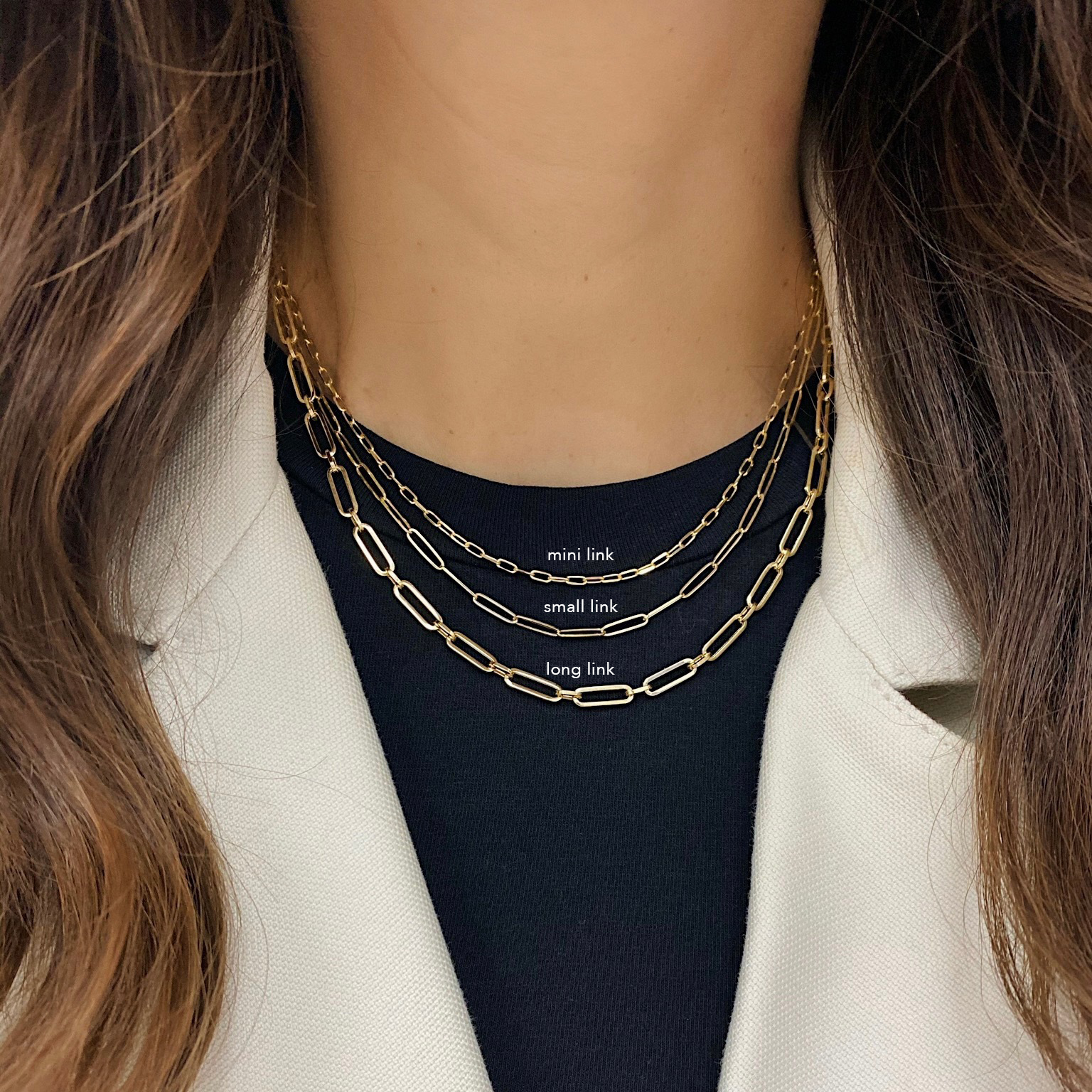 Ring Concierge Necklaces Long Link Chain Necklace, layered with fine jewelry, model wearing black top & white blazer