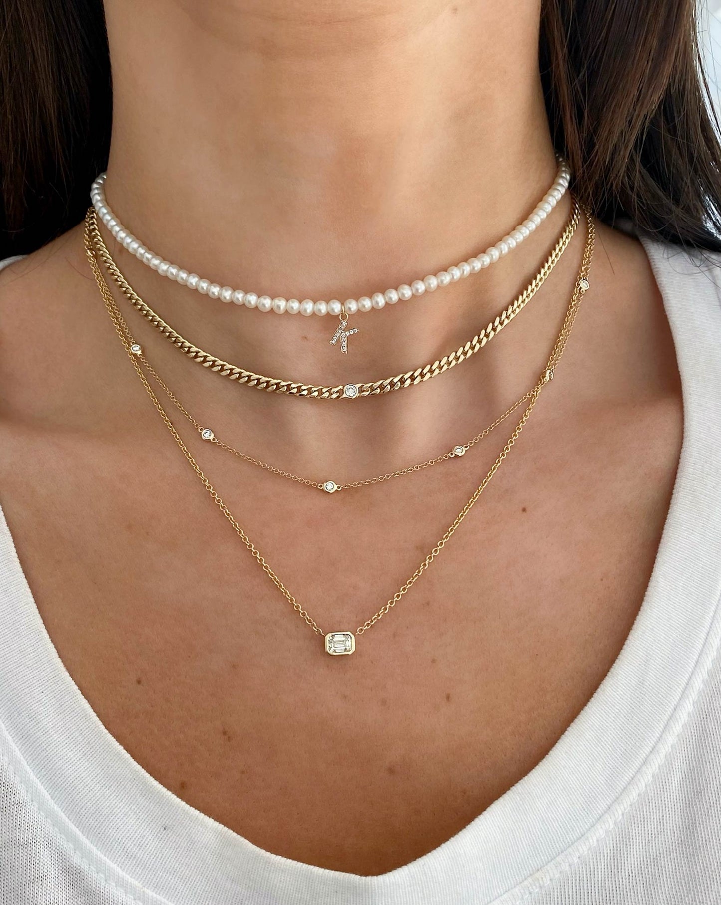 Ring Concierge Necklaces Petite Bezel-Set Diamond Curb Chain Necklace, model wearing white t-shirt