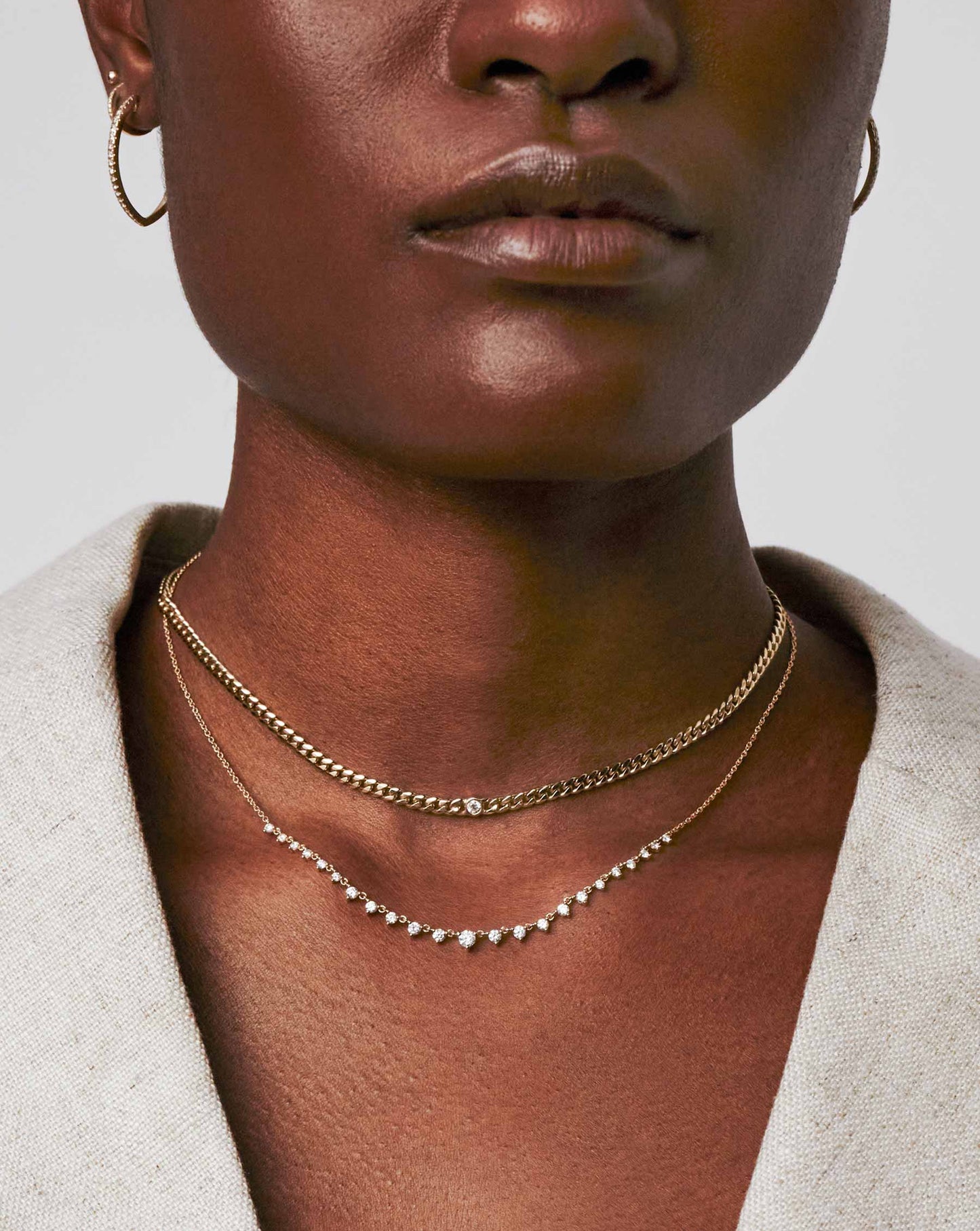 Ring Concierge Necklaces Petite Bezel-Set Diamond Curb Chain Necklace, model wearing white blazer