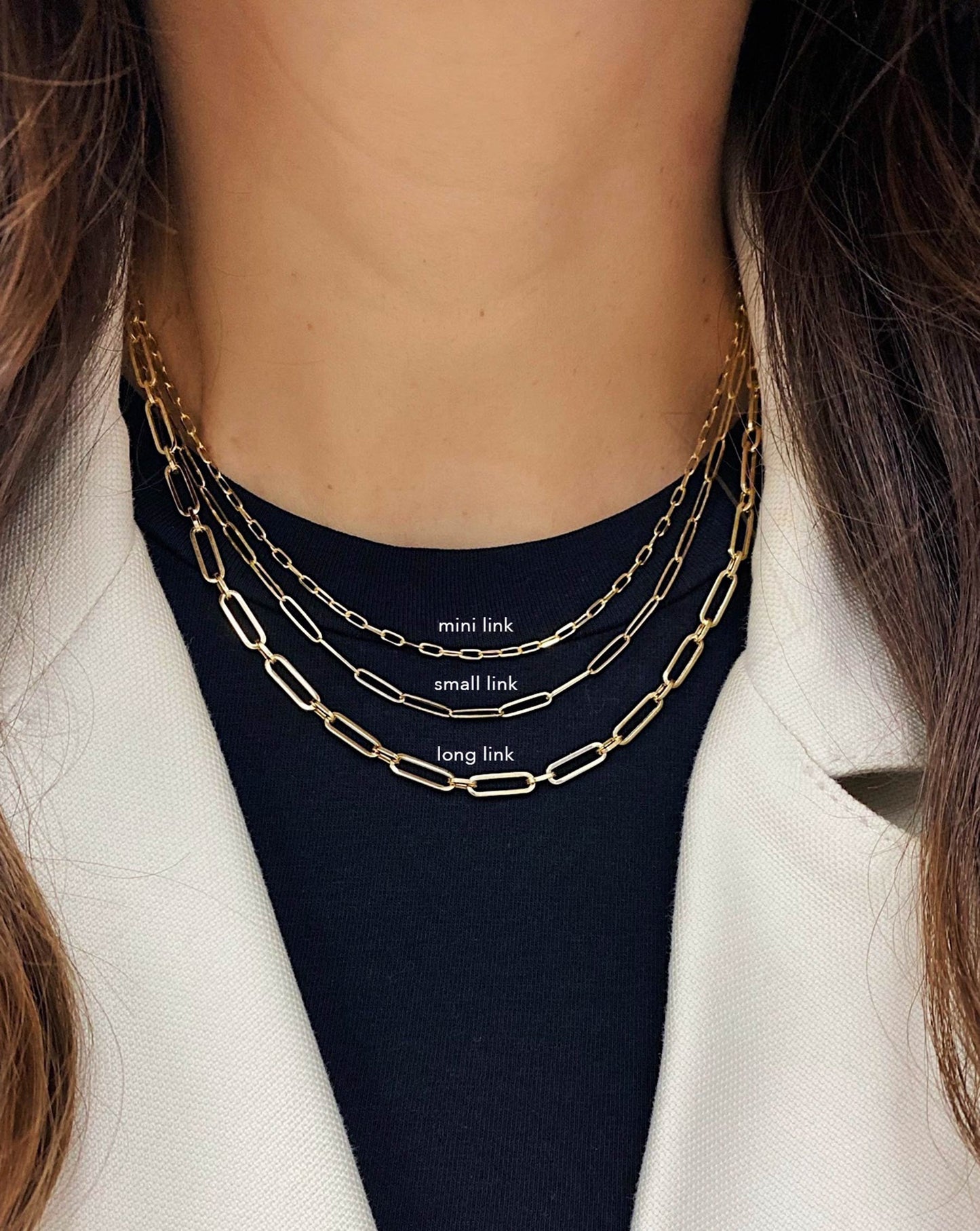 Ring Concierge Necklaces Small Link Chain Necklace - on-model paired with 2 chain necklaces and model wearing white blazer and black t-shirt