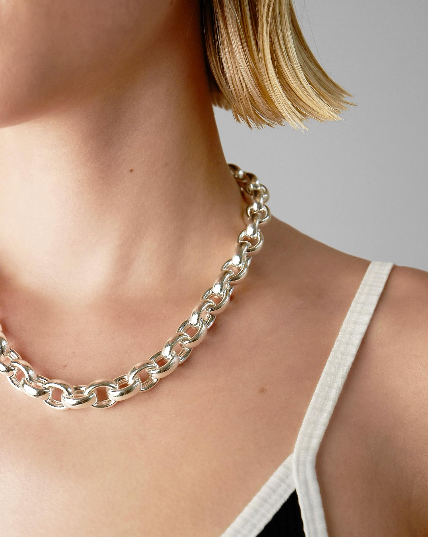 Ring Concierge Necklaces Statement Sterling - Round Link Chain Necklace, on model 